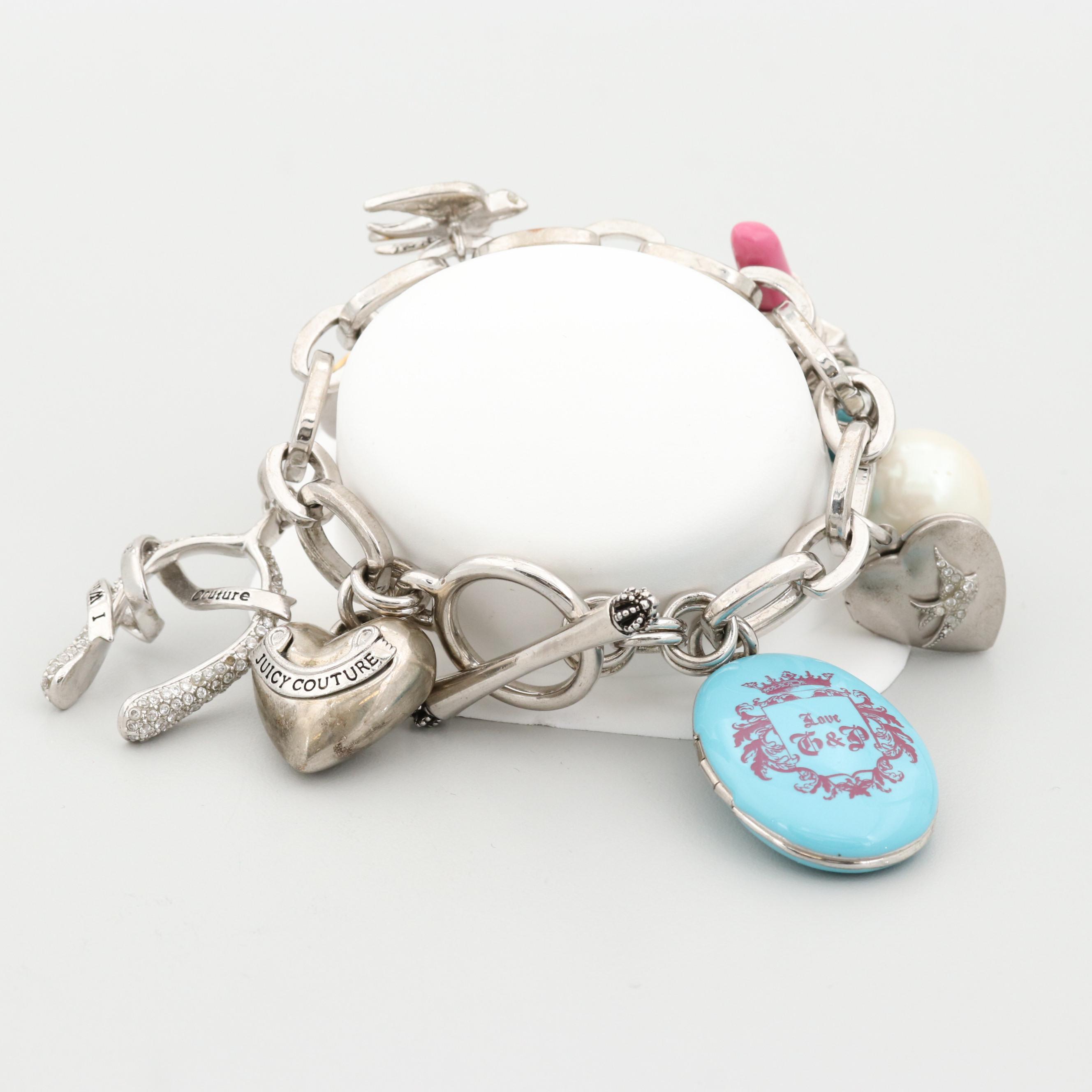 Juicy Couture Silver Tone Imitation Pearl and Cubic Zirconia Charm Bracelet