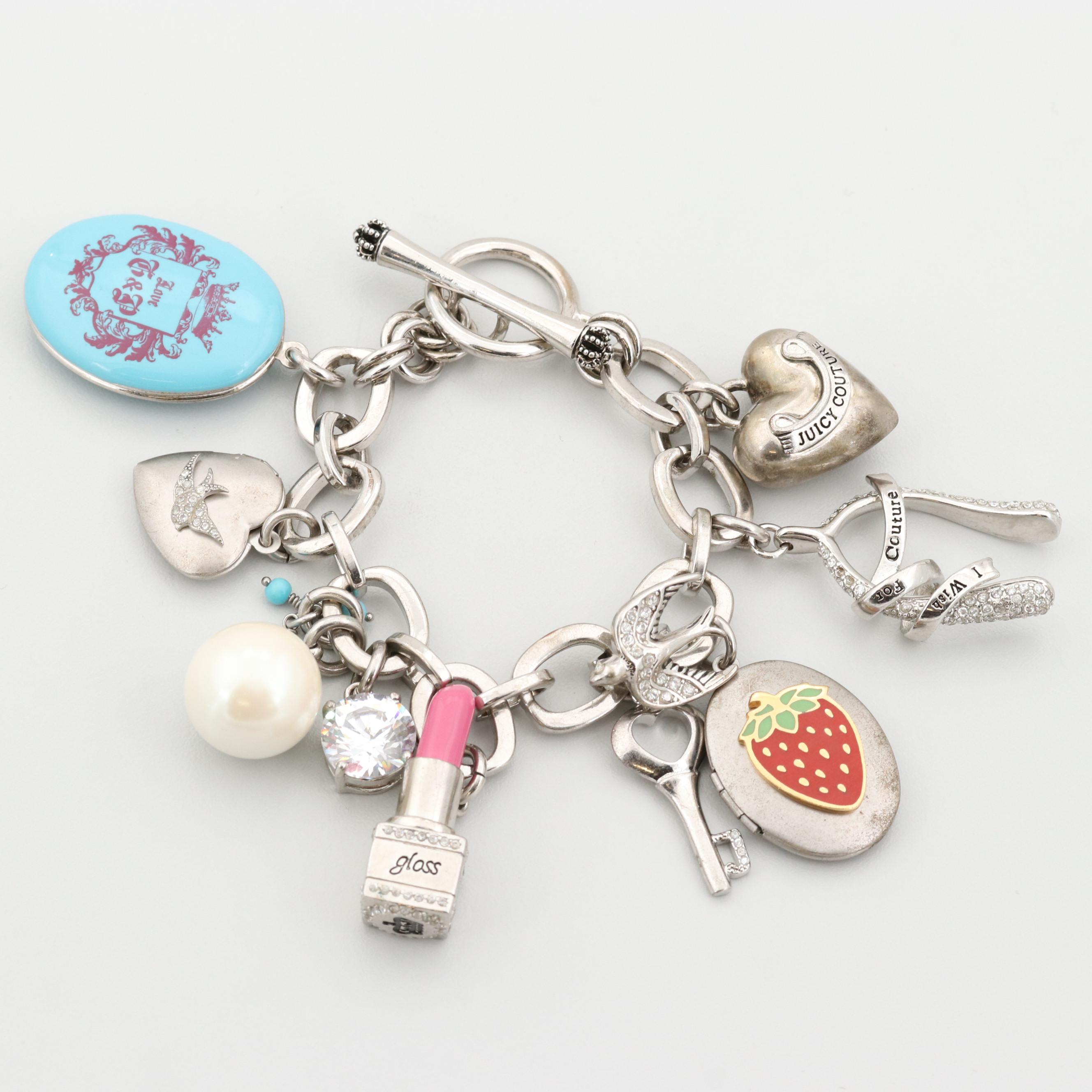 Juicy Couture Silver Tone Imitation Pearl and Cubic Zirconia Charm Bracelet