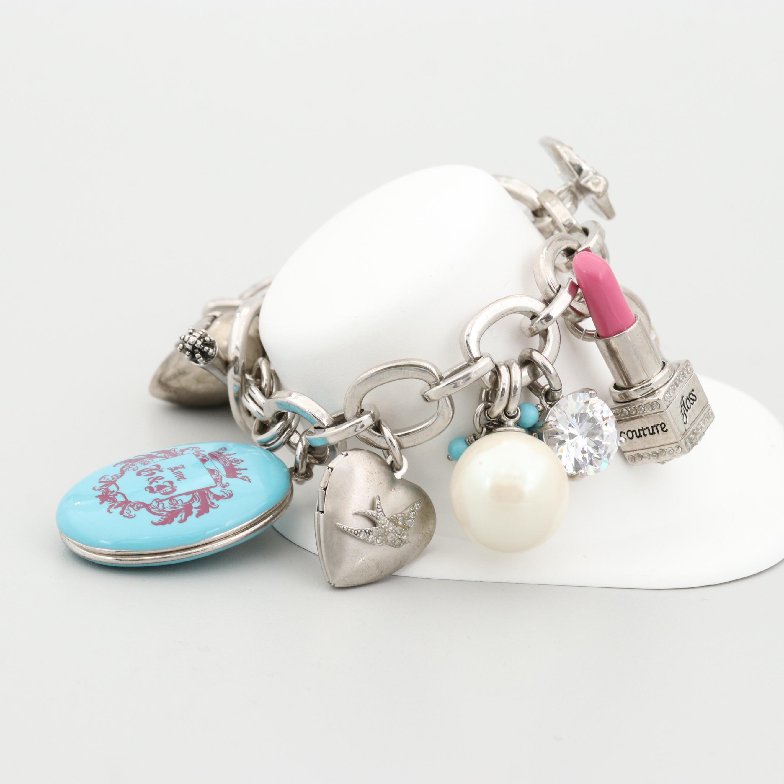 Juicy Couture Silver Tone Imitation Pearl and Cubic Zirconia Charm Bracelet