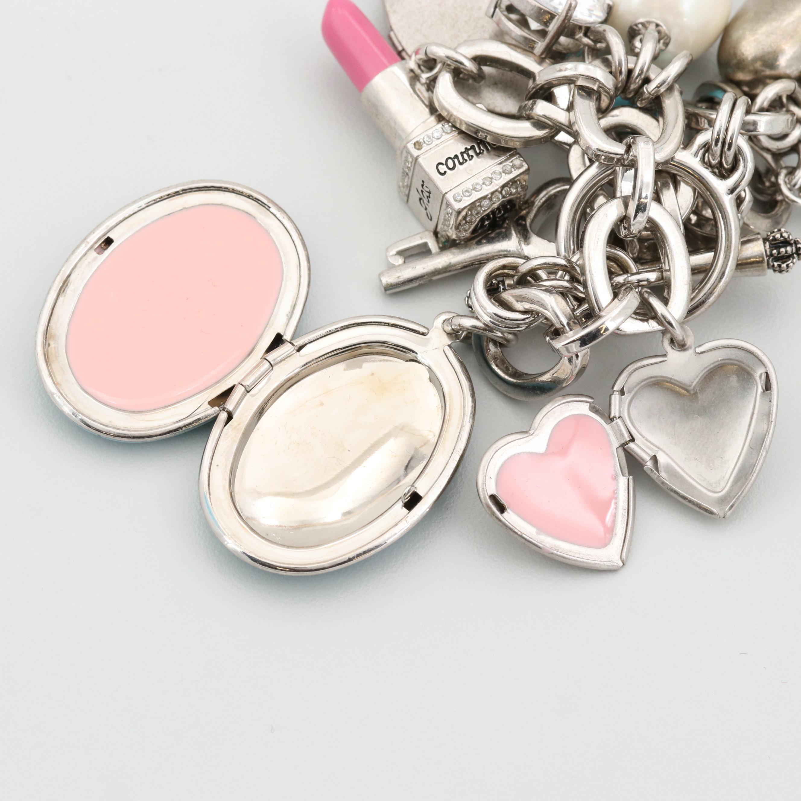 Juicy Couture Silver Tone Imitation Pearl and Cubic Zirconia Charm Bracelet