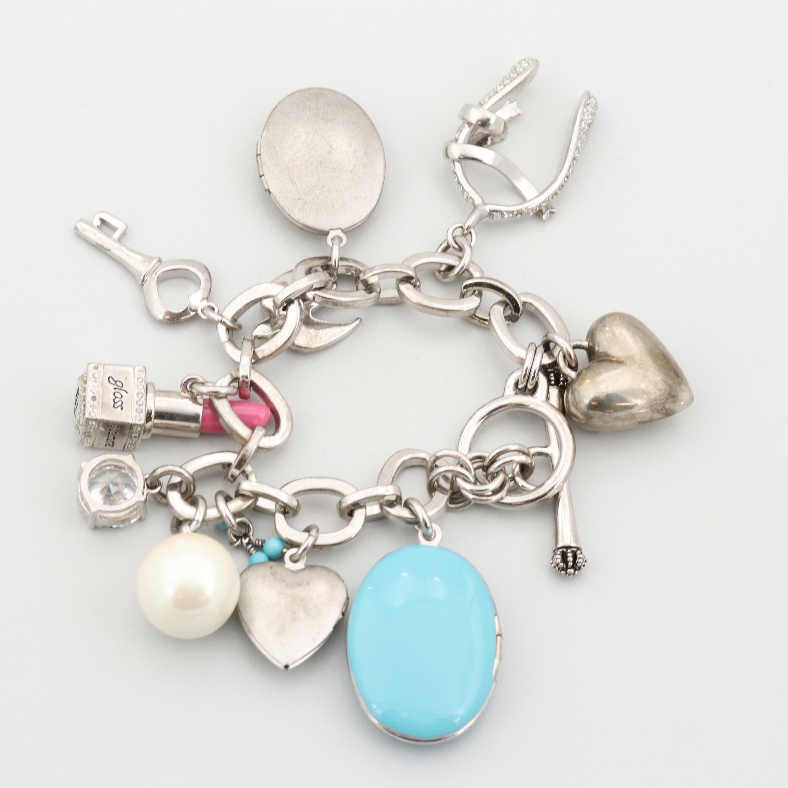 Juicy Couture Silver Tone Imitation Pearl and Cubic Zirconia Charm Bracelet