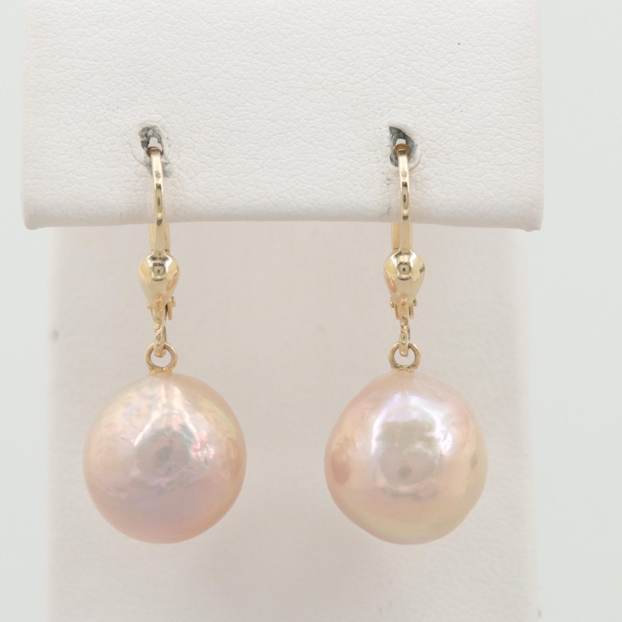 14K Yellow Gold Cultured Pearl Dangle Drop Earrings