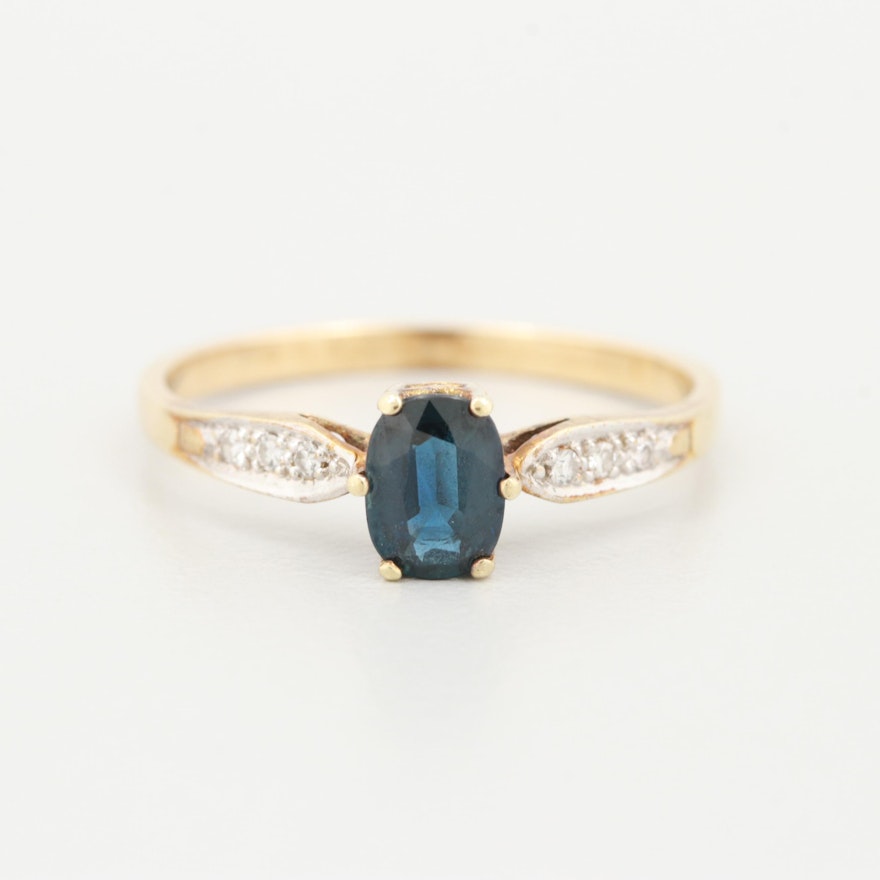 14K Yellow Gold Blue Sapphire and Diamond Ring