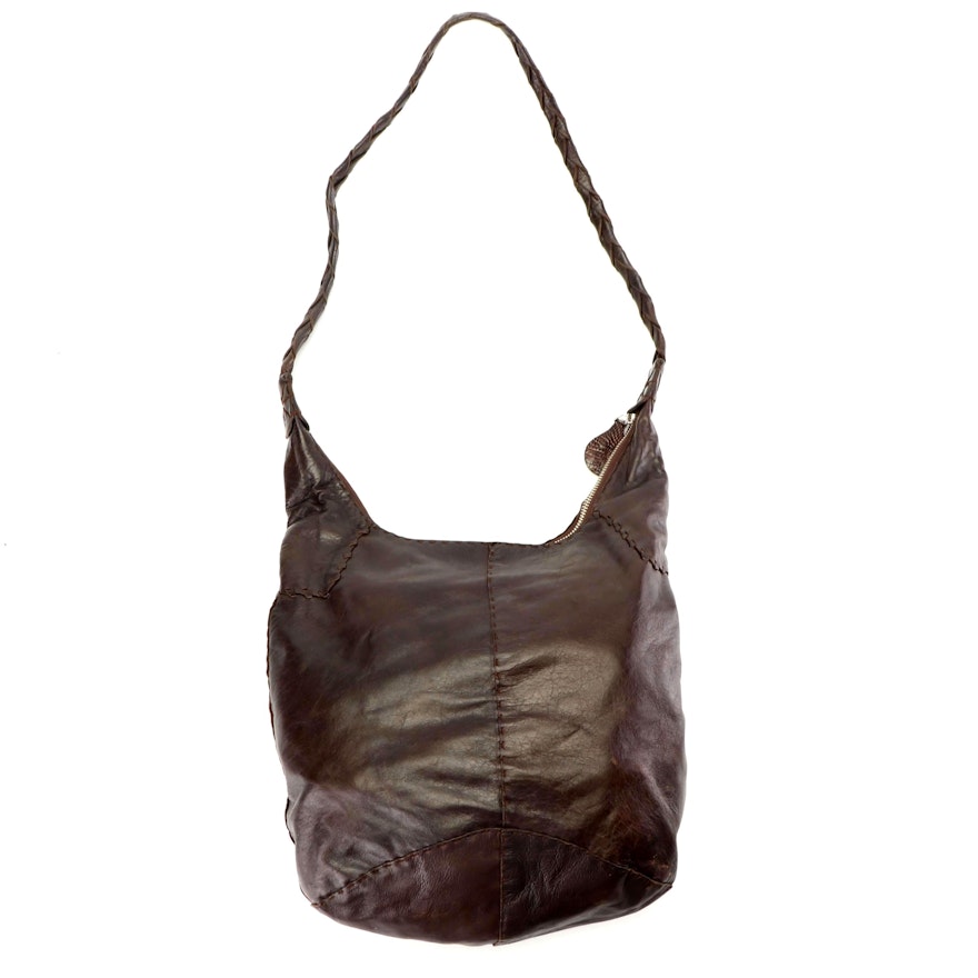 Parker Ochs Dark Brown Leather Hobo Bag with Woven Strap
