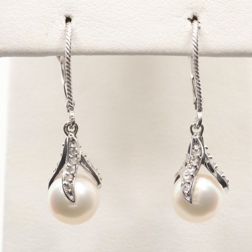 14K White Gold Cultured Pearl and Diamond Drop Earrings