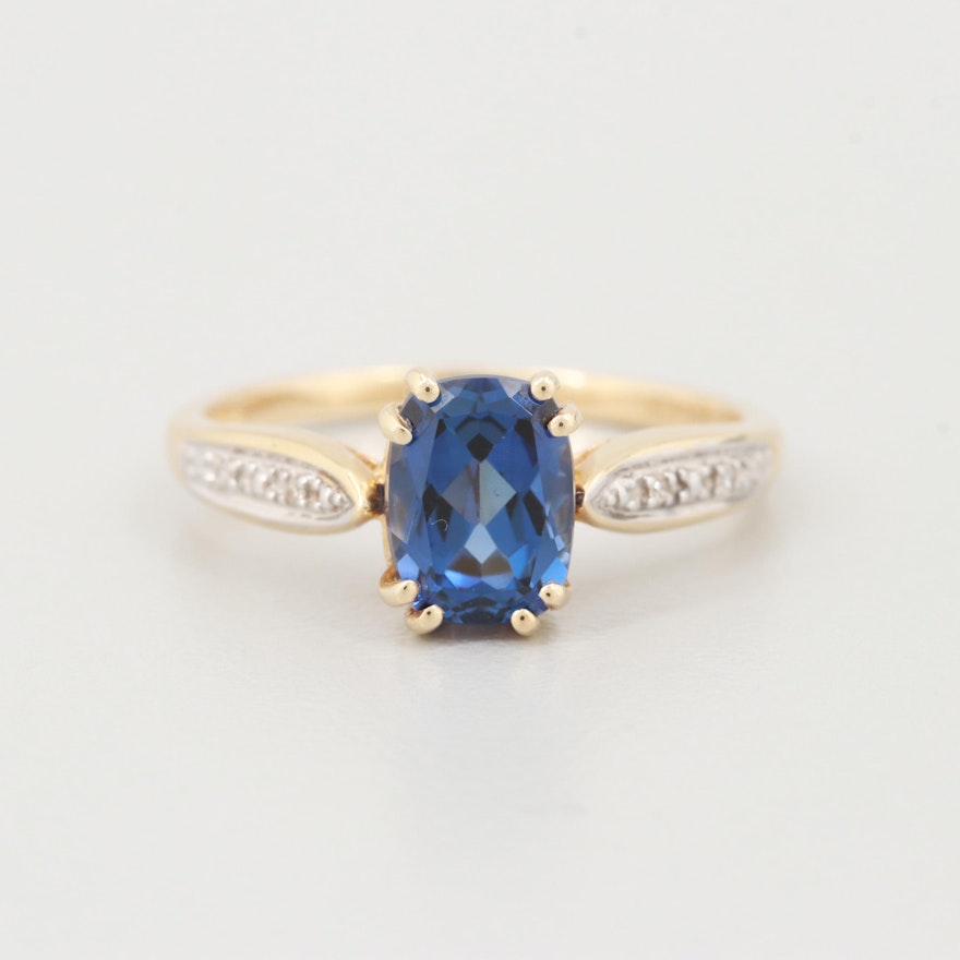 14K Yellow Gold Synthetic Sapphire and Diamond Ring