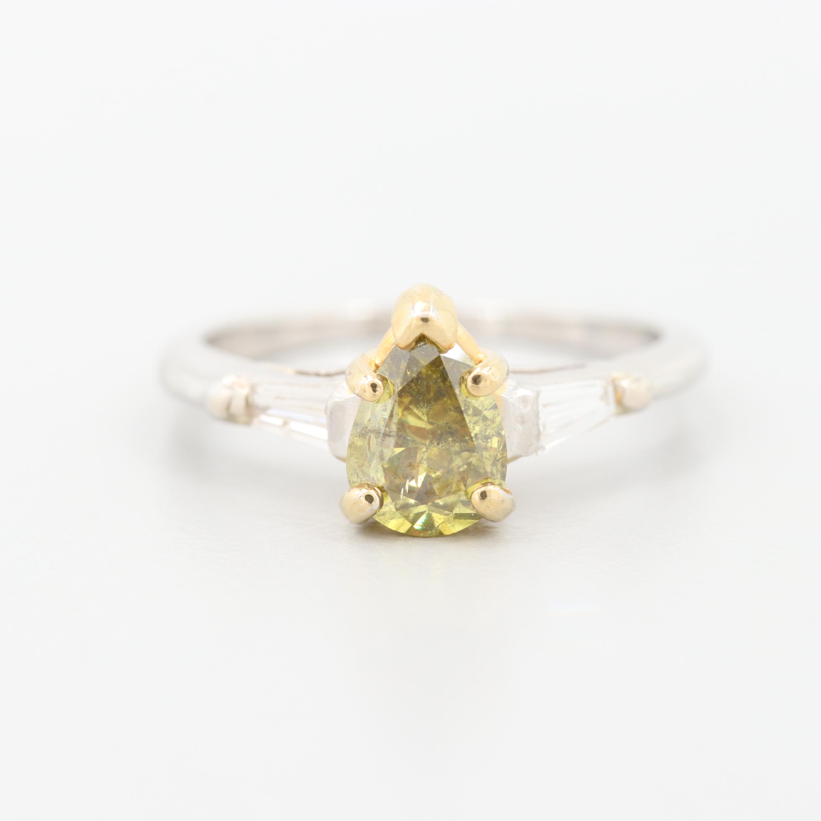 Platinum 1.16 CTW Fancy Deep Grayish Green Yellow Diamond Ring with GIA Report