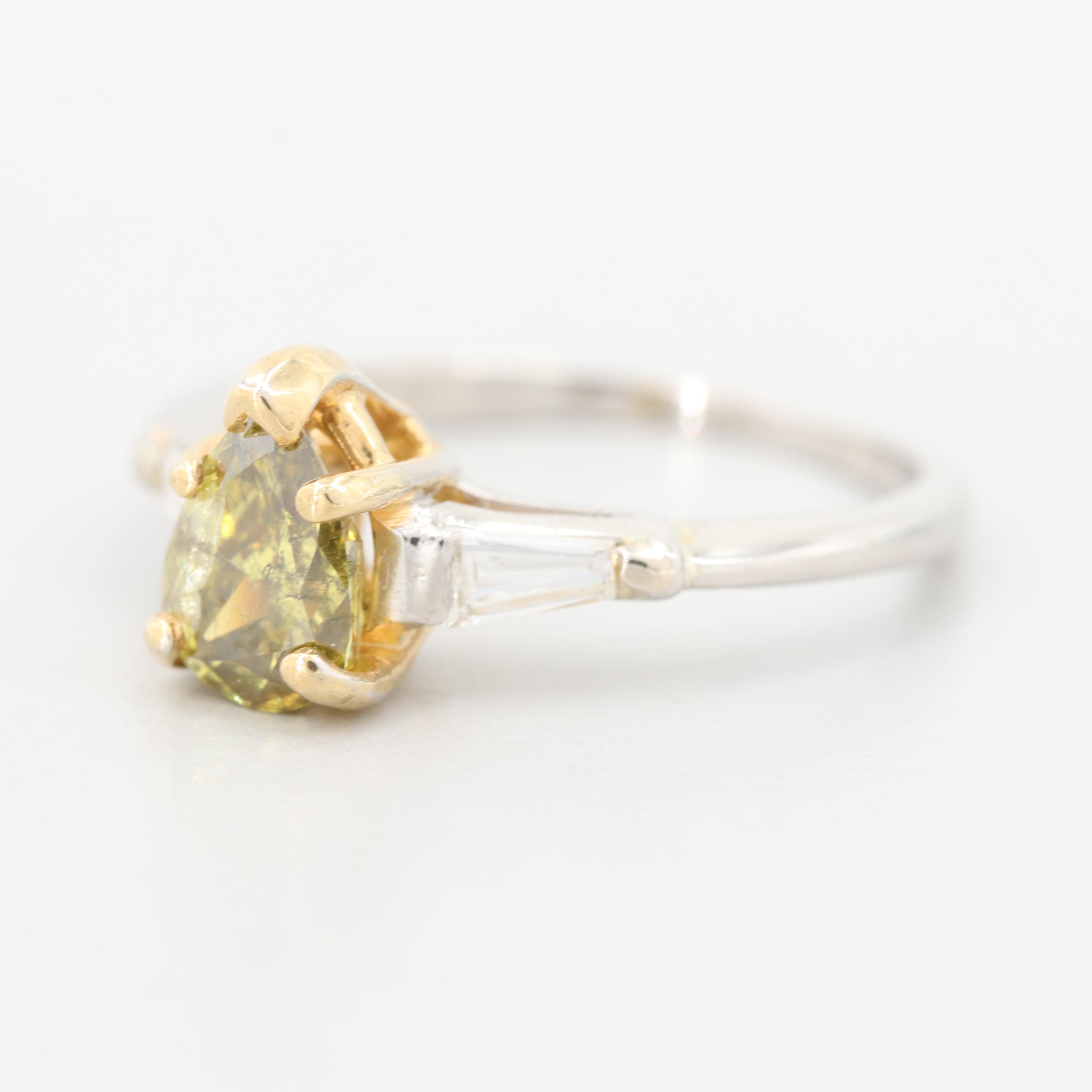 Platinum 1.16 CTW Fancy Deep Grayish Green Yellow Diamond Ring with GIA Report