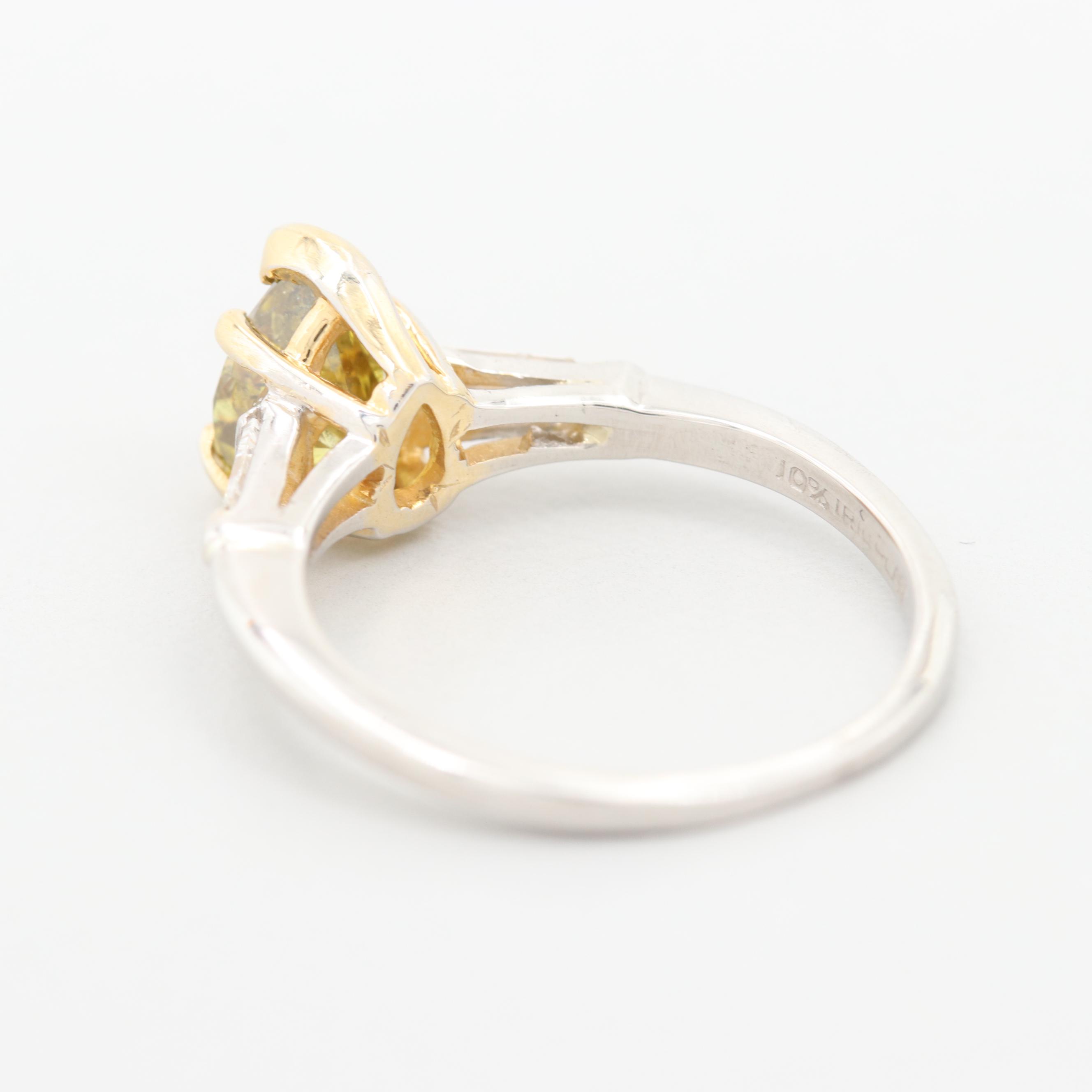 Platinum 1.16 CTW Fancy Deep Grayish Green Yellow Diamond Ring with GIA Report