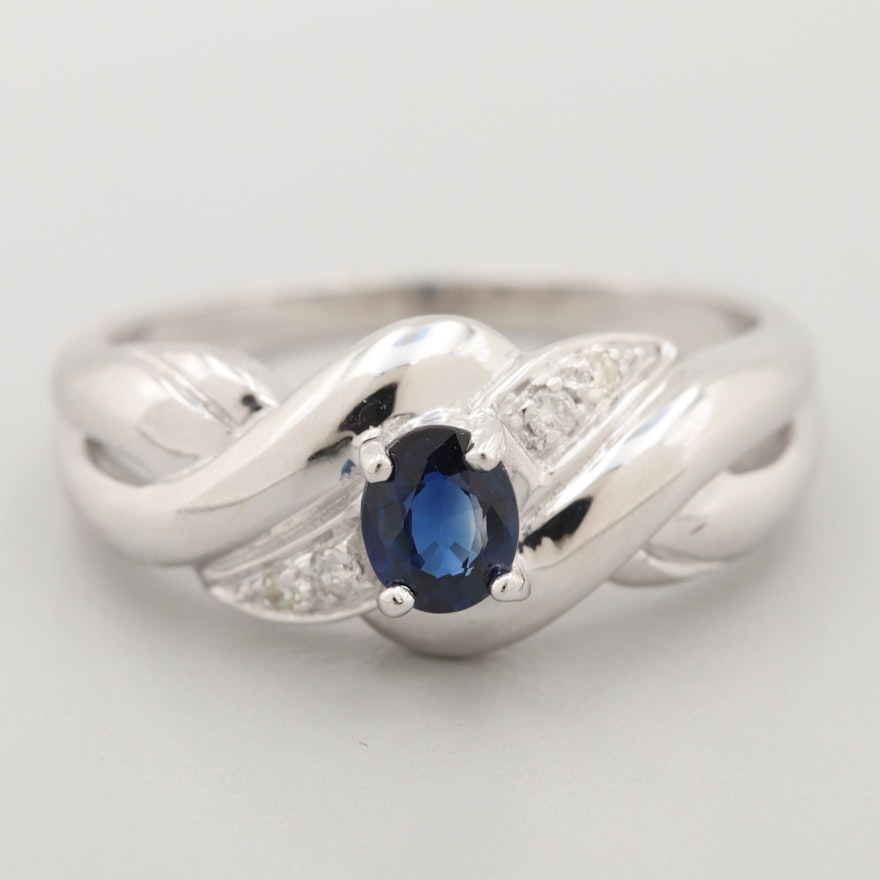 14K White Gold Blue Sapphire and Diamond Ring