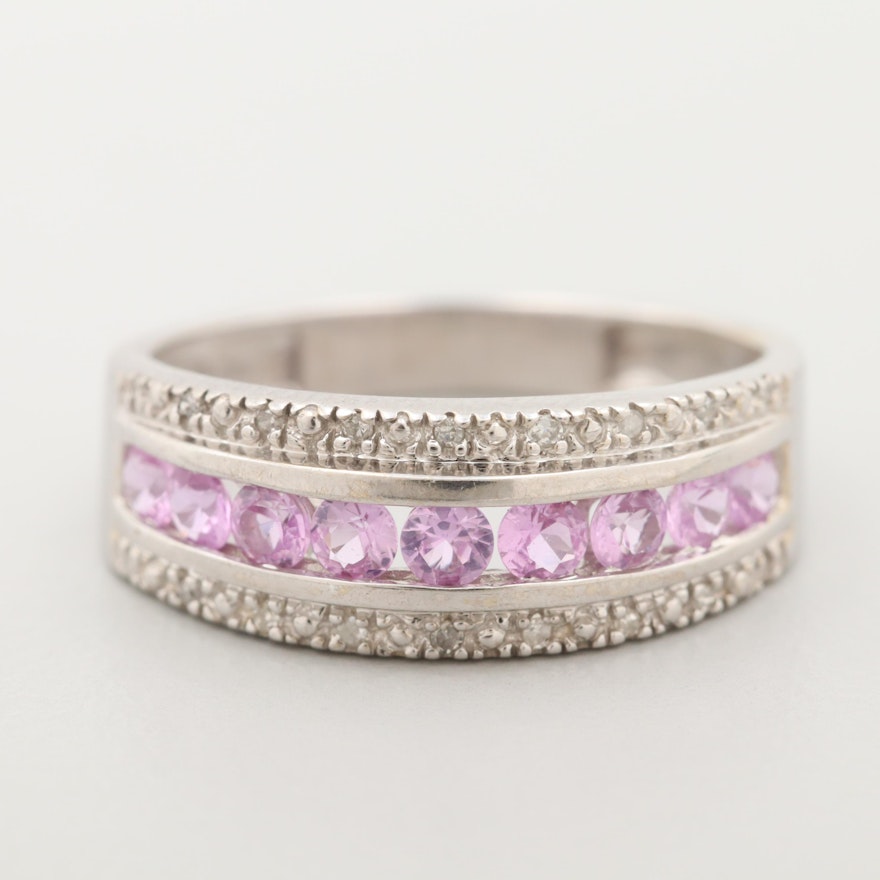 14K White Gold Synthetic Pink Sapphire and Diamond Ring