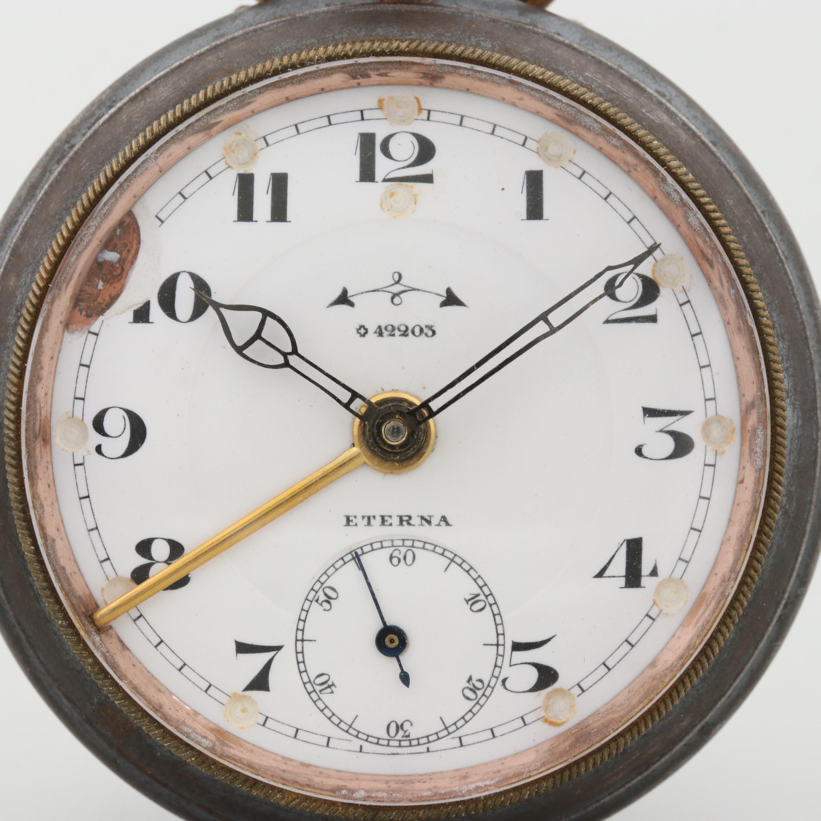 Antique Eterna Gunmetal Alarm Open Face Pocket Watch