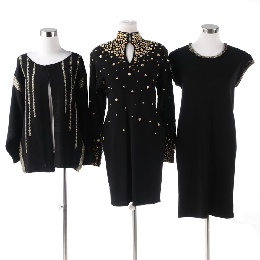 Mina and Elizabeth Black Knit Dresses with Metallic Gold and Rhinestones