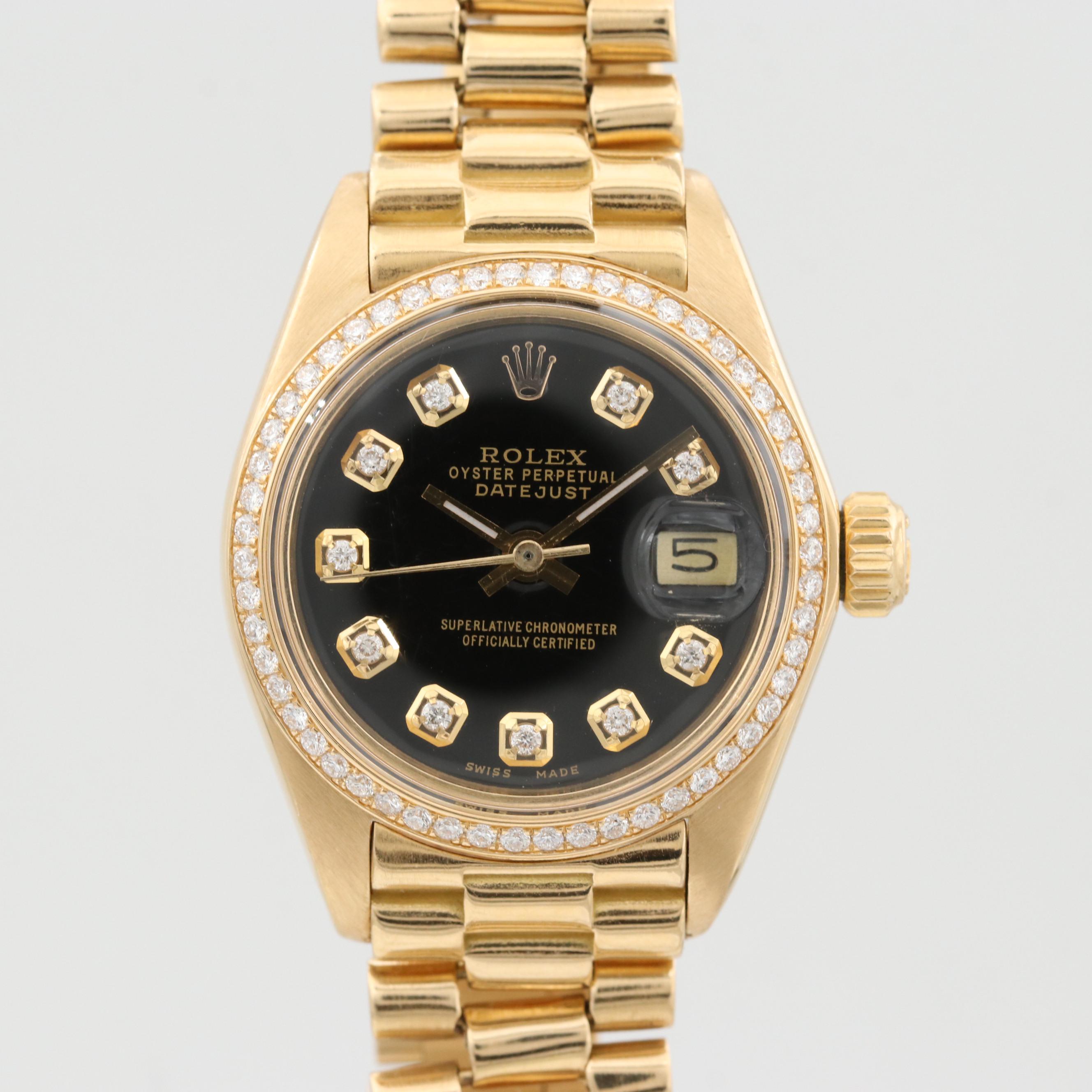 Vintage Rolex Datejust 18K Yellow Gold Watch With Diamond Dial and Bezel