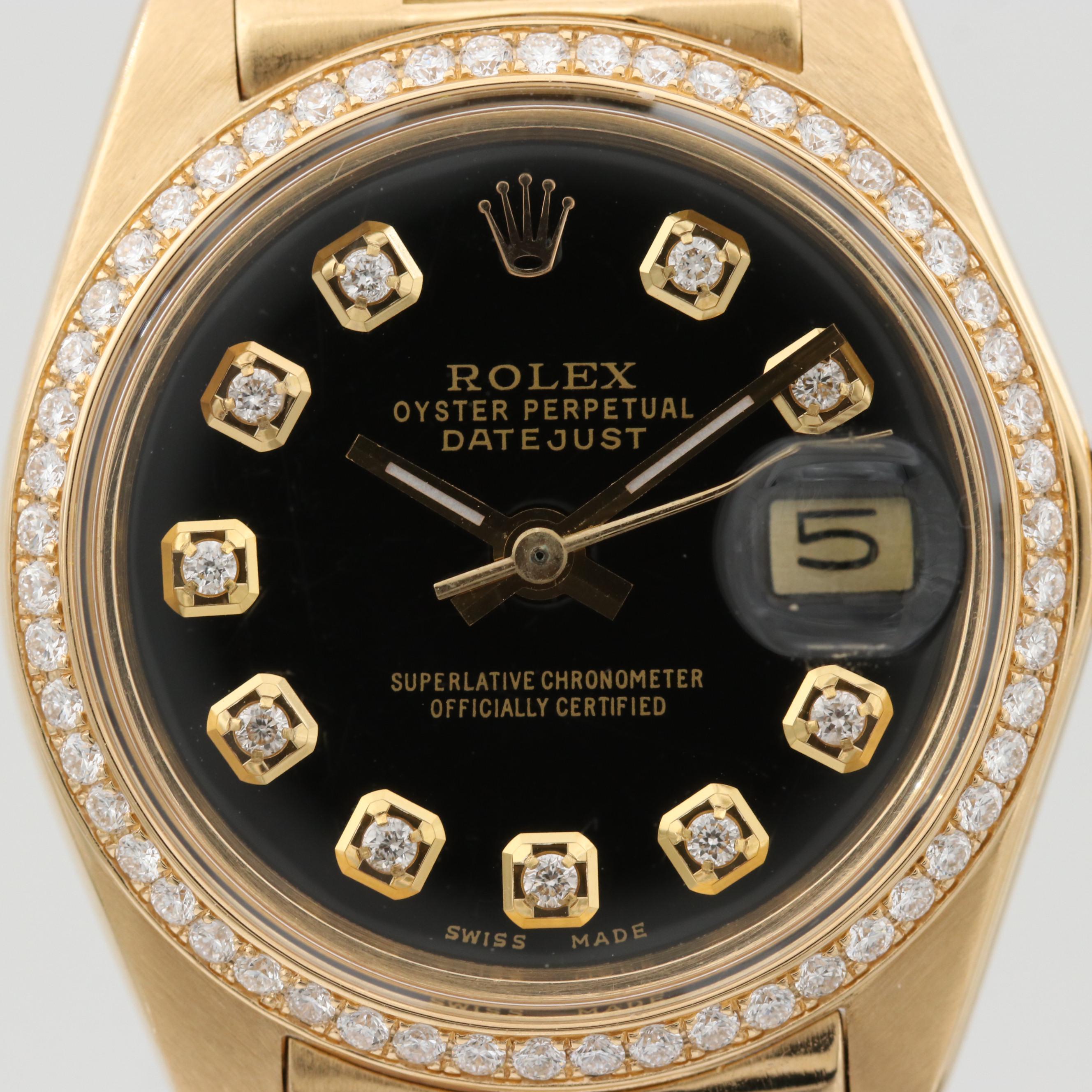 Vintage Rolex Datejust 18K Yellow Gold Watch With Diamond Dial and Bezel