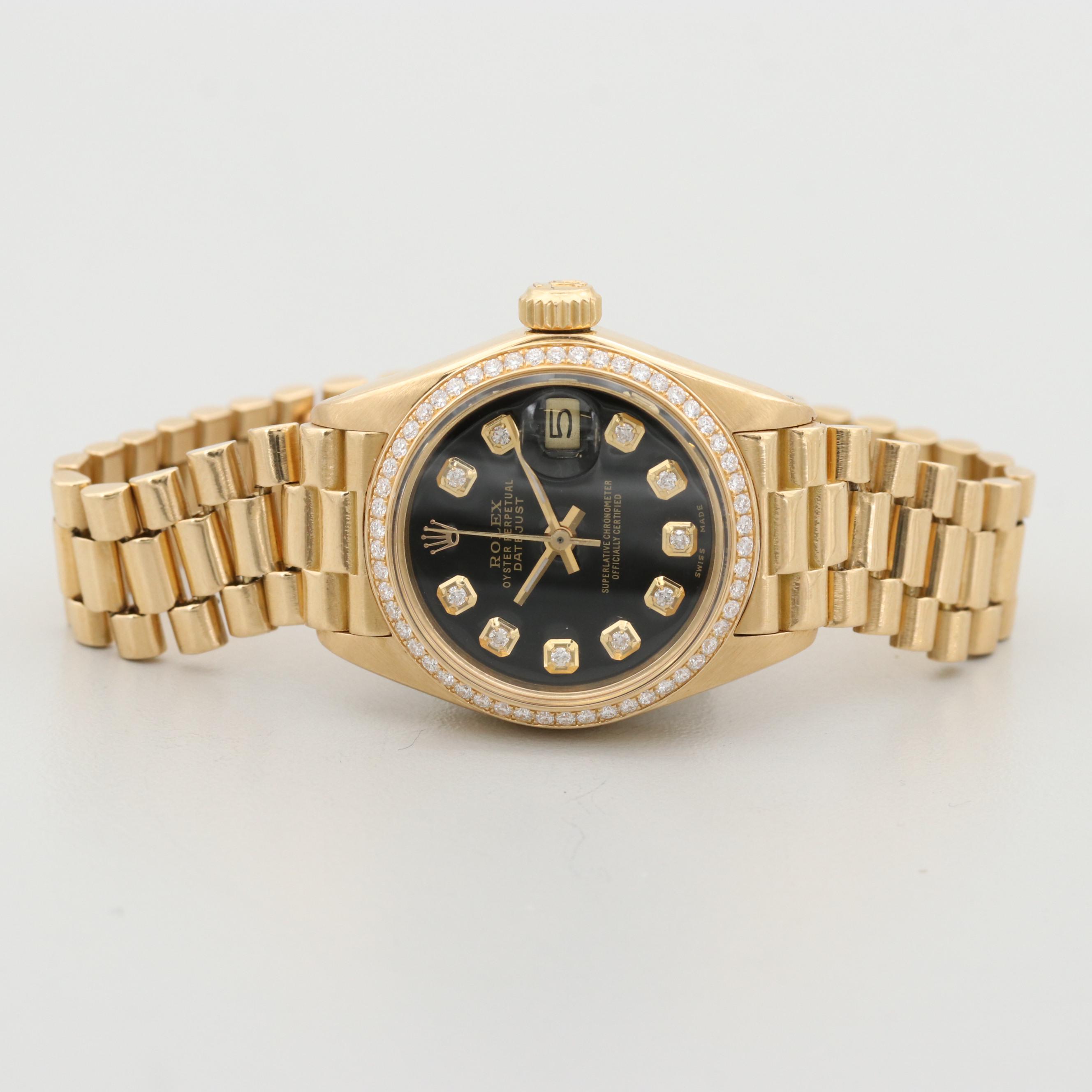 Vintage Rolex Datejust 18K Yellow Gold Watch With Diamond Dial and Bezel