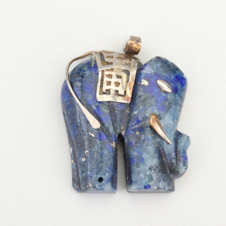 Chinese Silver Tone Lapis Lazuli Elephant Pendant