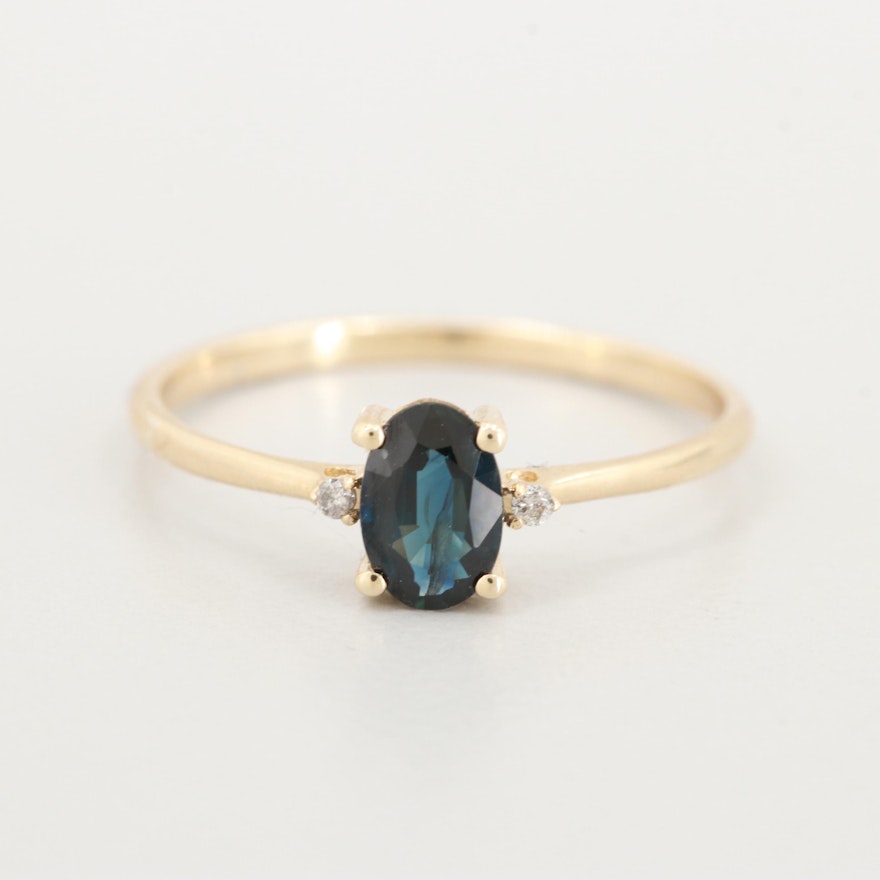 14K Yellow Gold Blue Sapphire and Diamond Ring