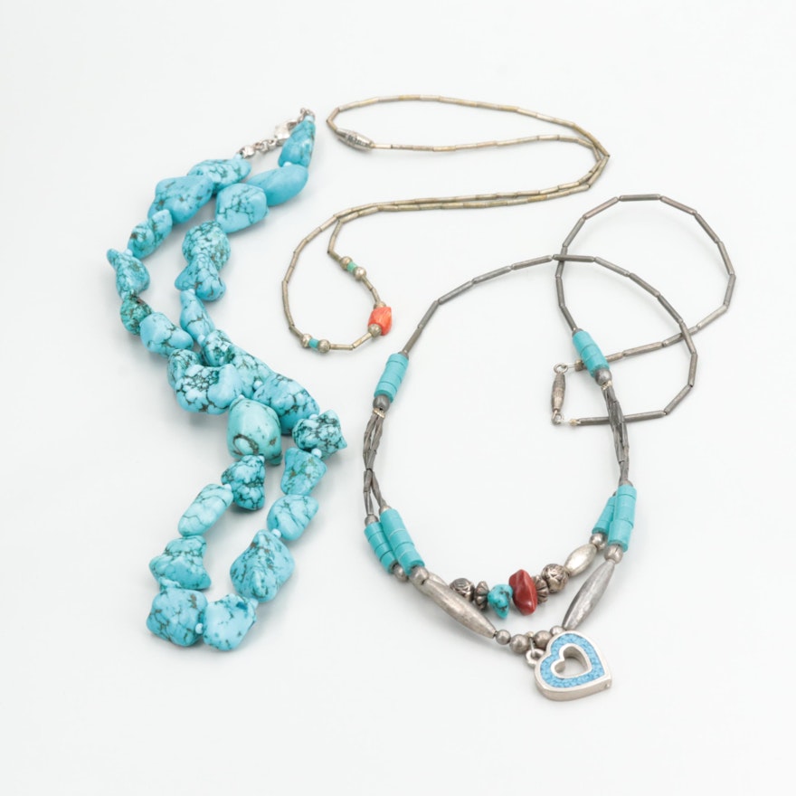 Southwestern Silver Tone Necklaces with Coral, Turquoise and Howlite