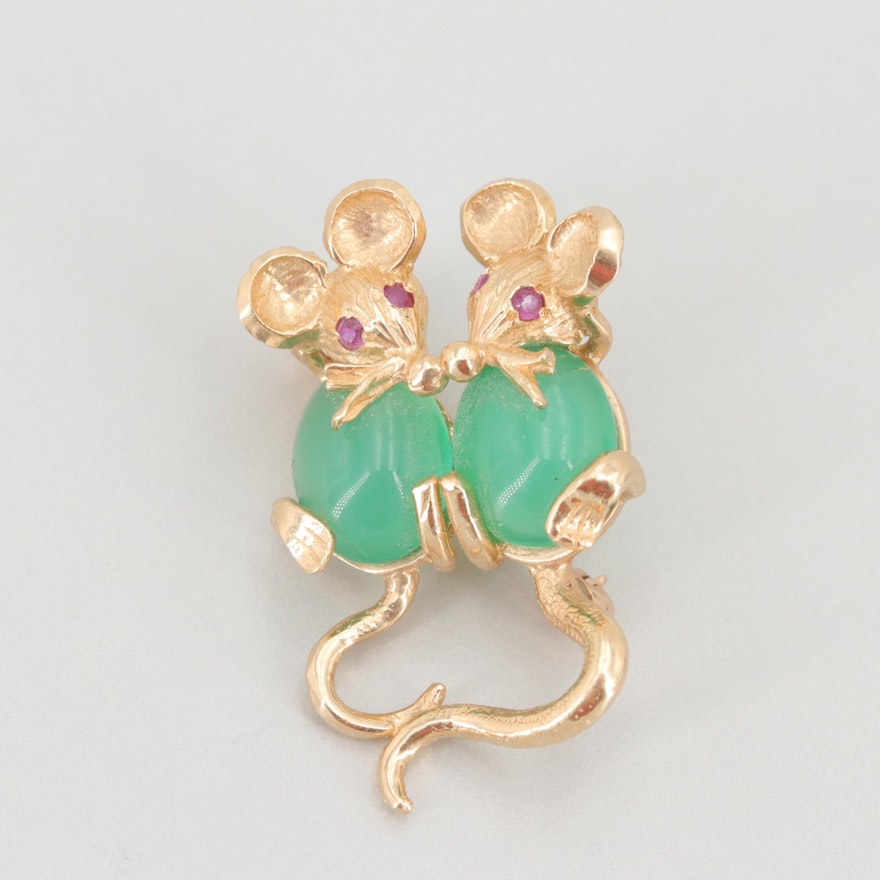 14K Yellow Gold Chalcedony and Ruby Mice Brooch