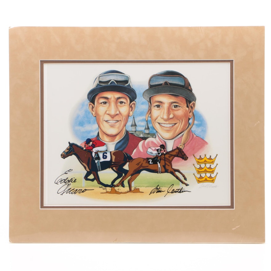 Dual Autographed Triple Crown Winners Print of Eddie Arcaro & Steve Cauthen PSA