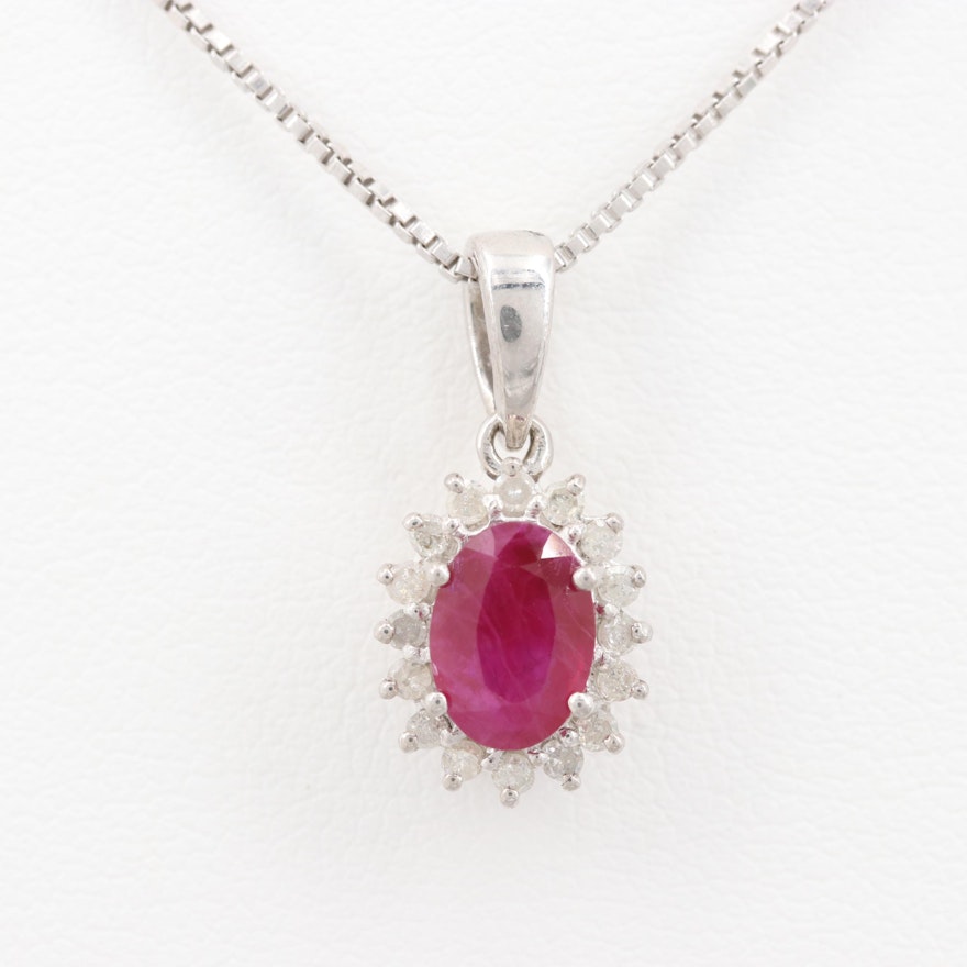 Sterling Silver Synthetic Ruby and Diamond Pendant Necklace