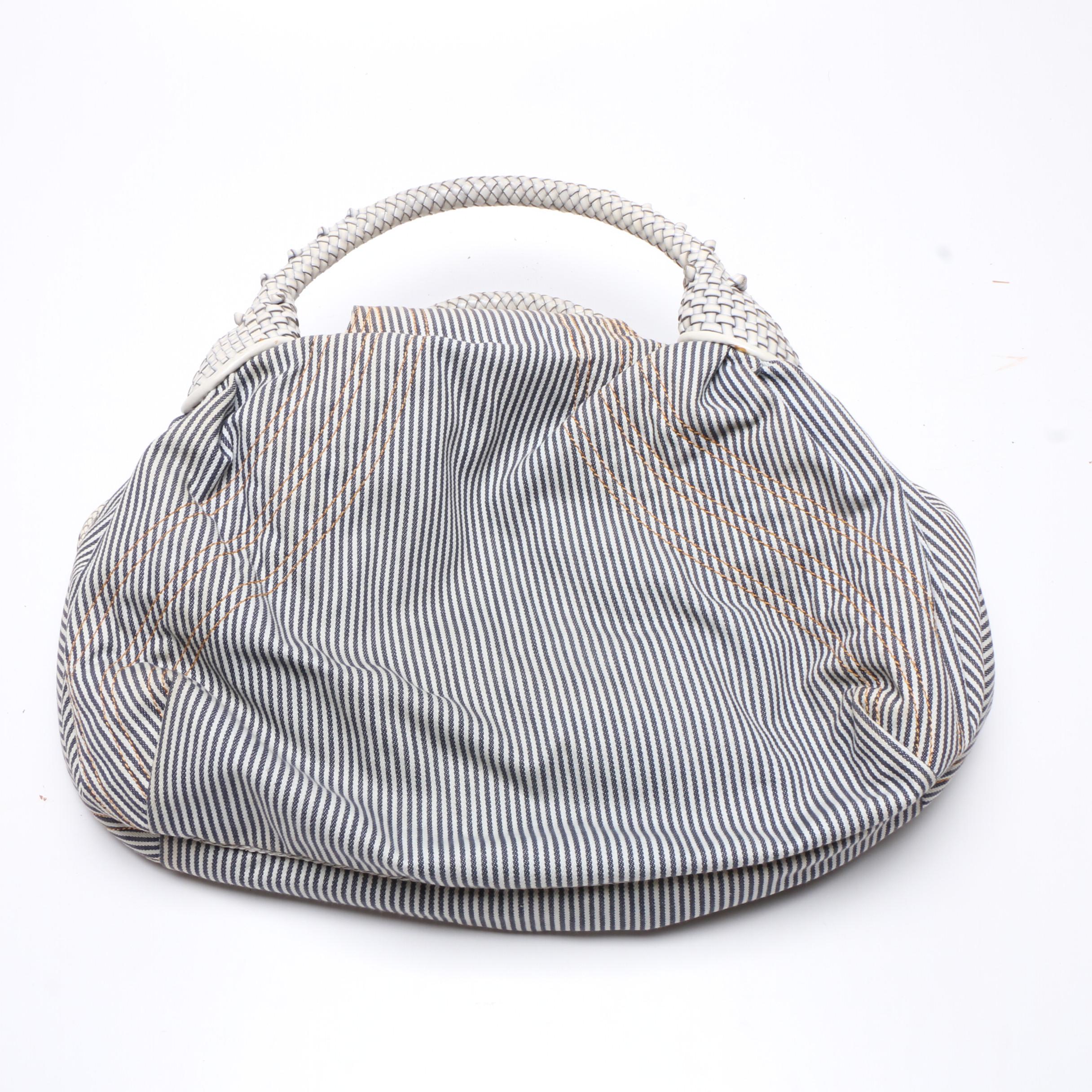 Fendi Denim Striped Jeans Seersucker Spy Bag with Woven Leather Handles