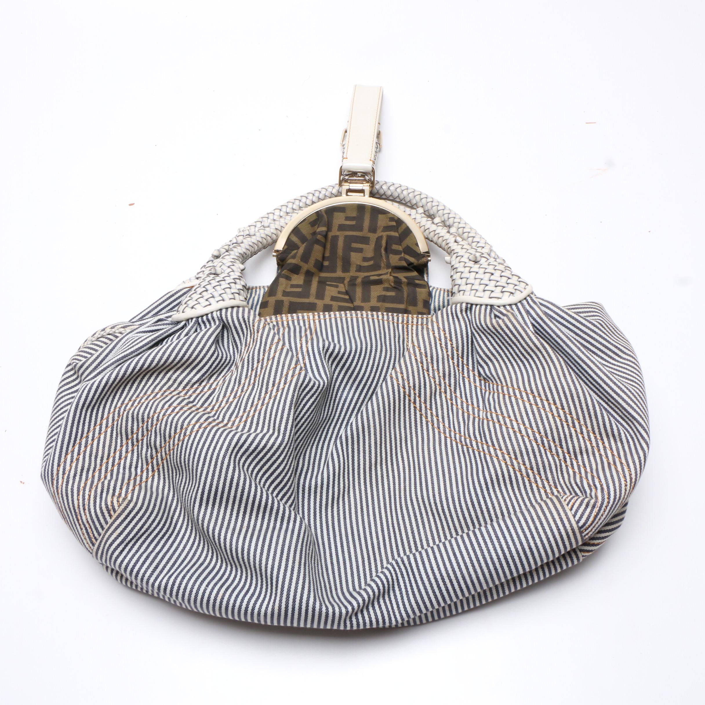 Fendi Denim Striped Jeans Seersucker Spy Bag with Woven Leather Handles