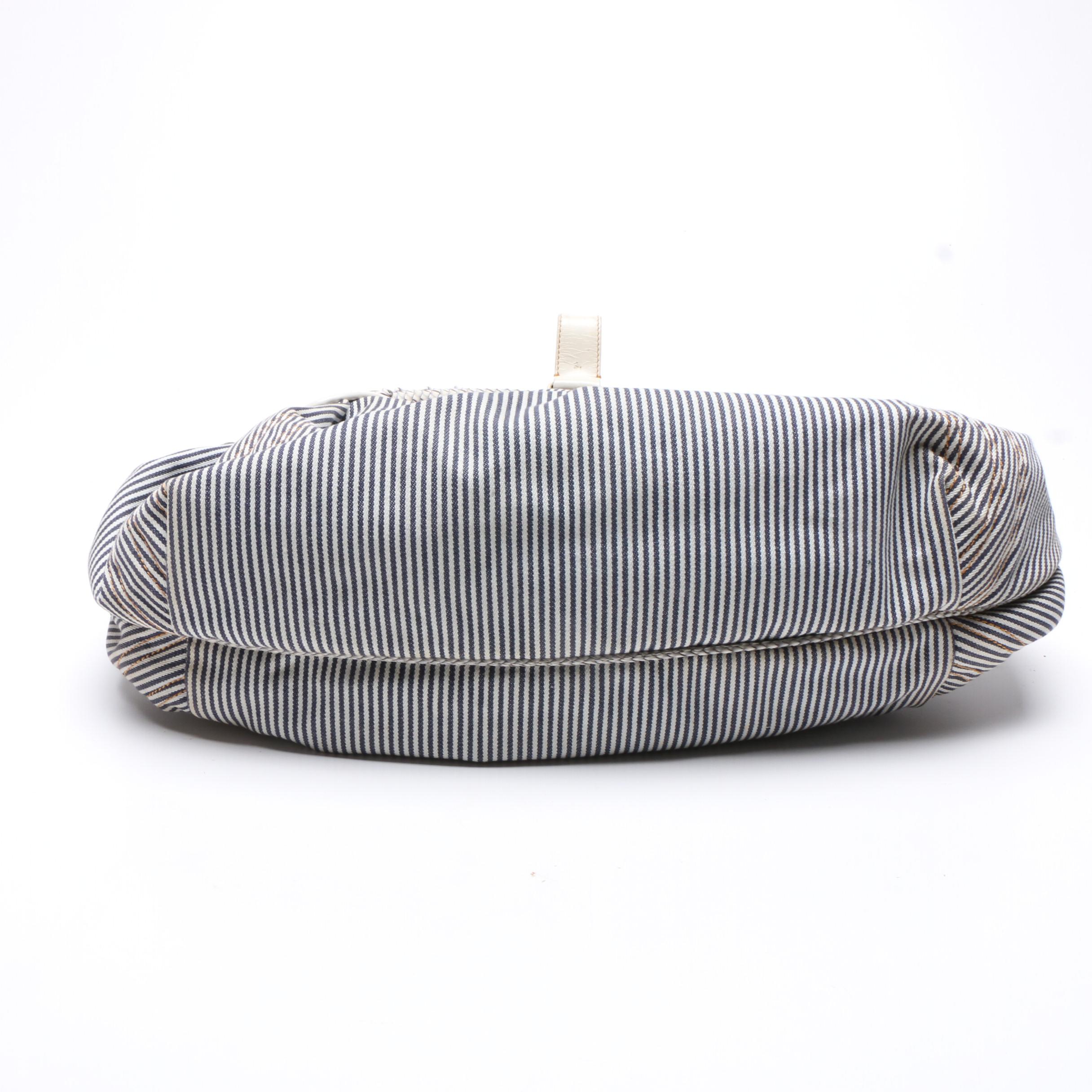 Fendi Denim Striped Jeans Seersucker Spy Bag with Woven Leather Handles