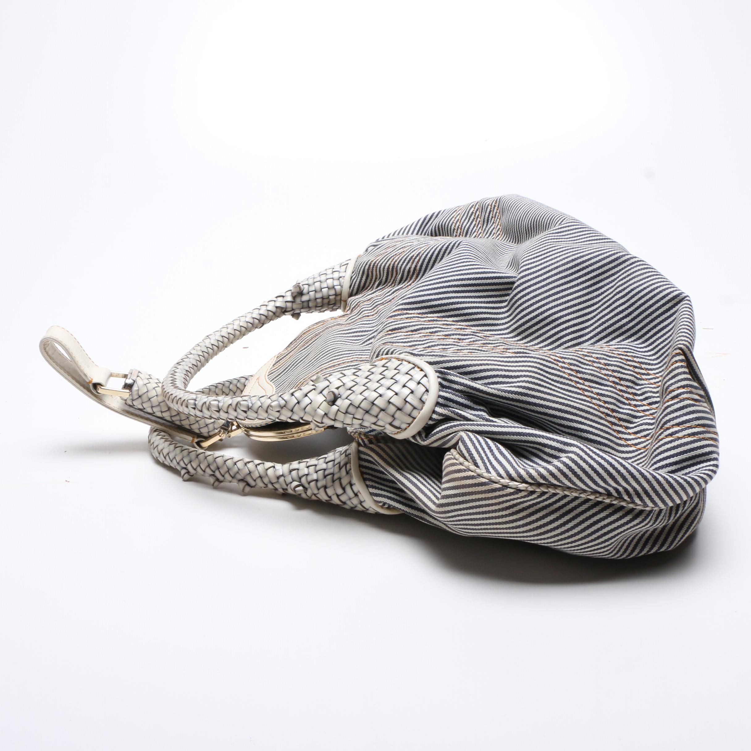 Fendi Denim Striped Jeans Seersucker Spy Bag with Woven Leather Handles