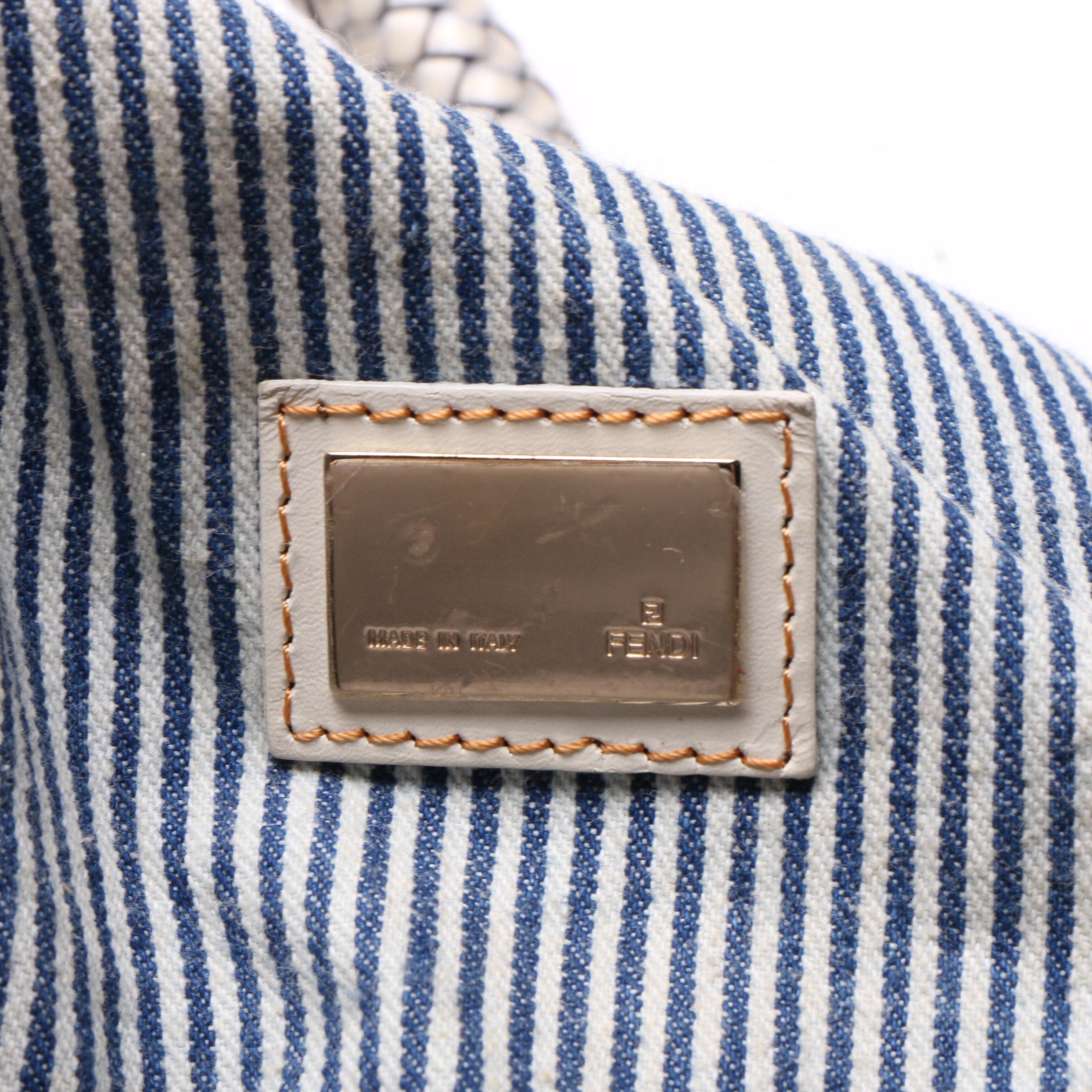 Fendi Denim Striped Jeans Seersucker Spy Bag with Woven Leather Handles