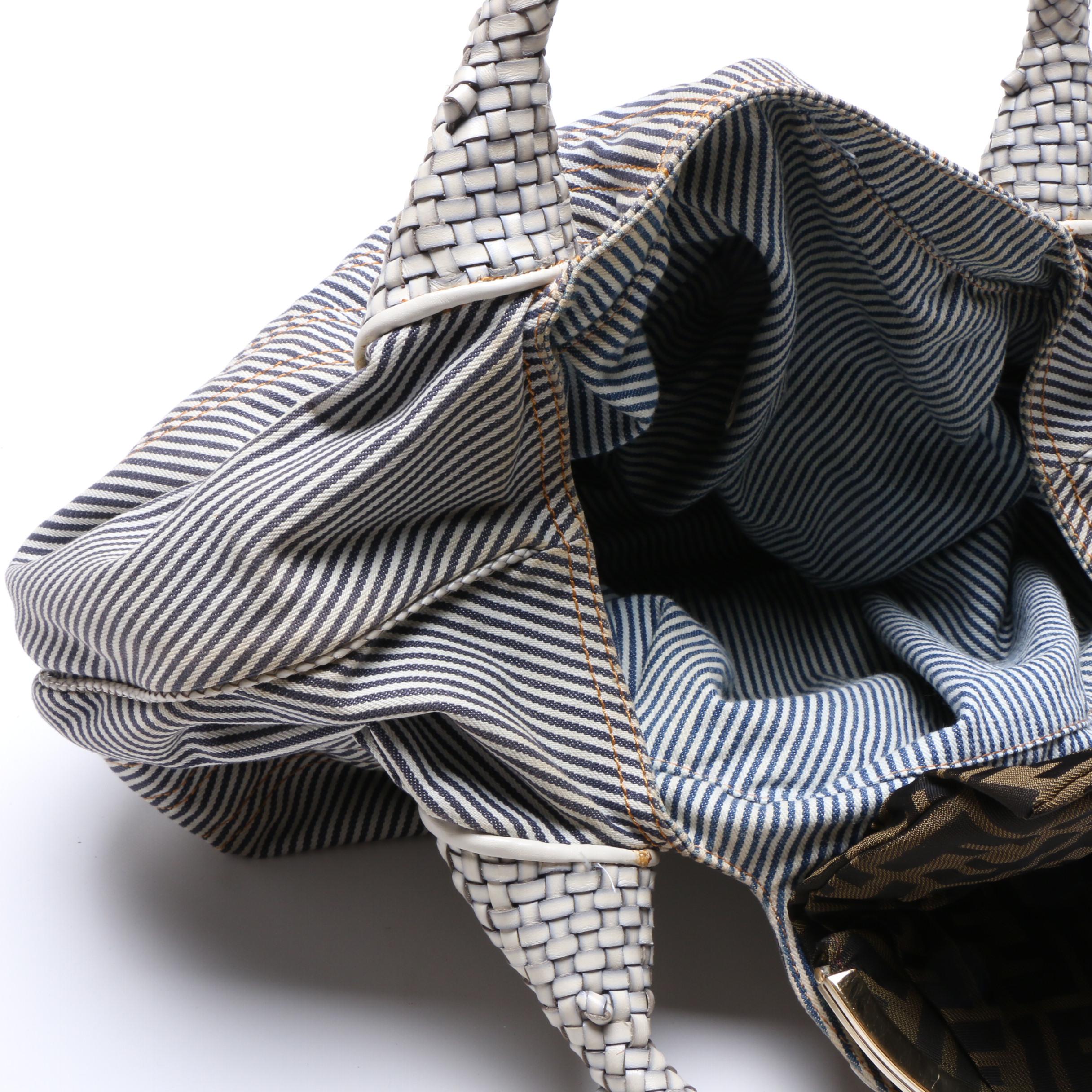 Fendi Denim Striped Jeans Seersucker Spy Bag with Woven Leather Handles