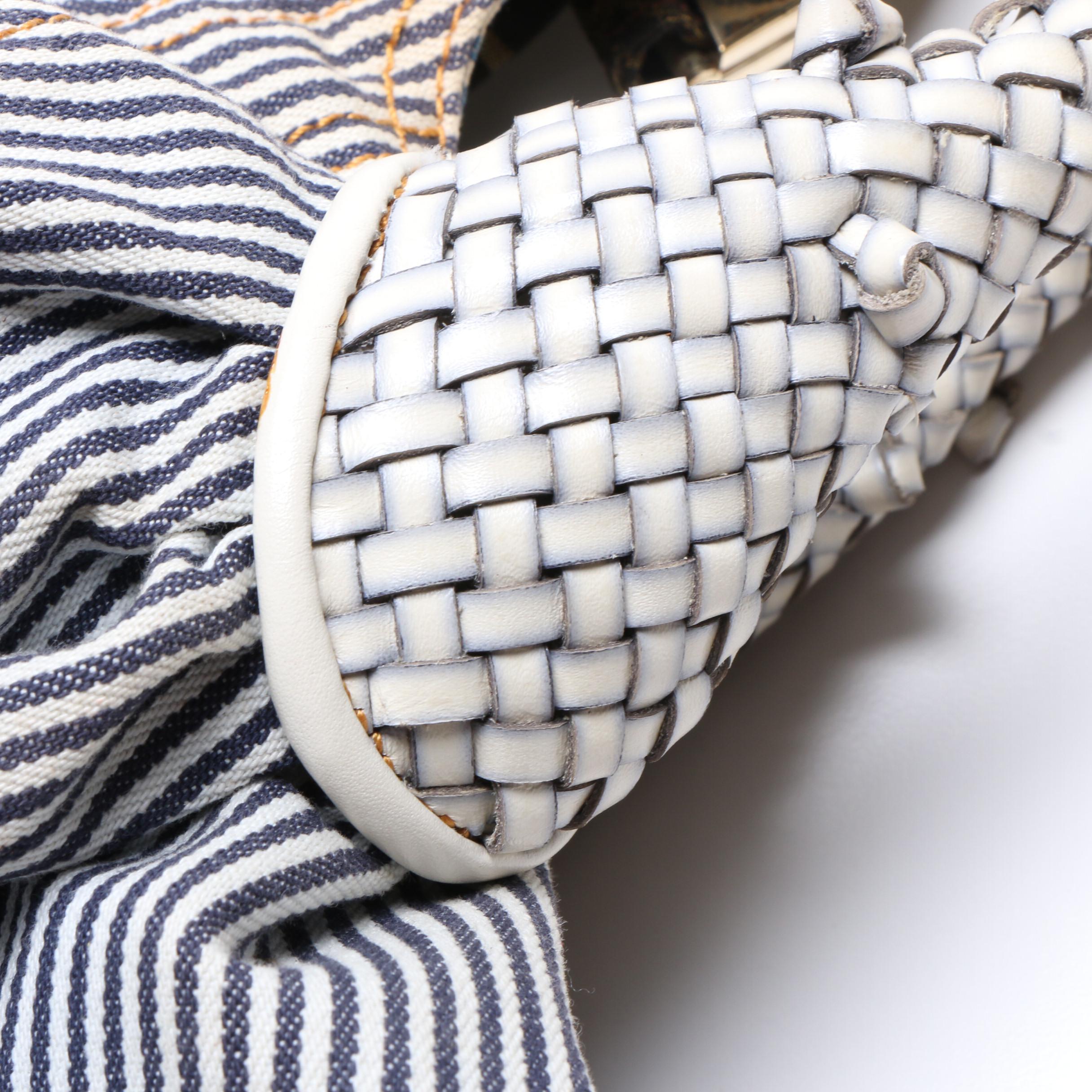 Fendi Denim Striped Jeans Seersucker Spy Bag with Woven Leather Handles