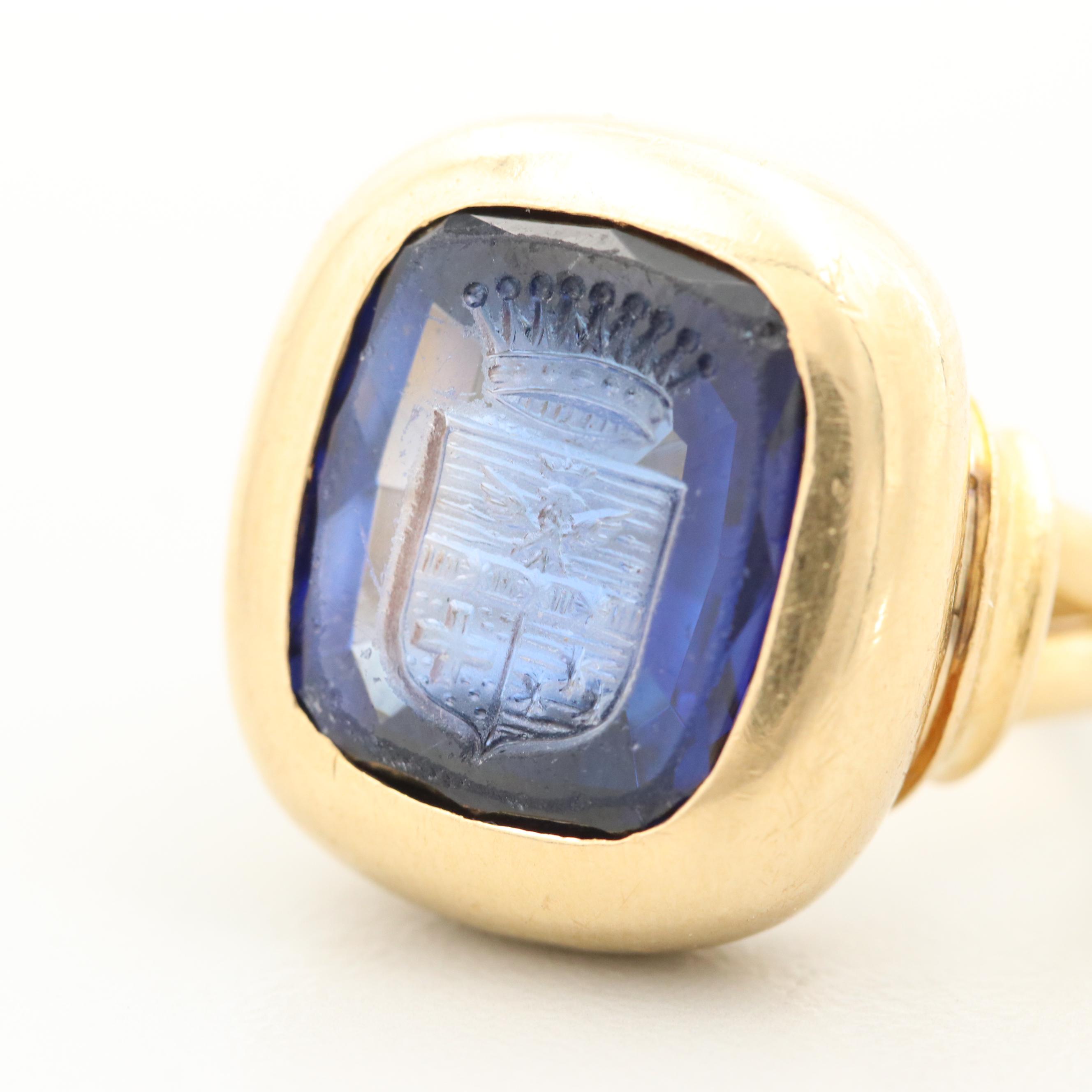 18K Yellow Gold Synthetic Sapphire Intaglio Ring
