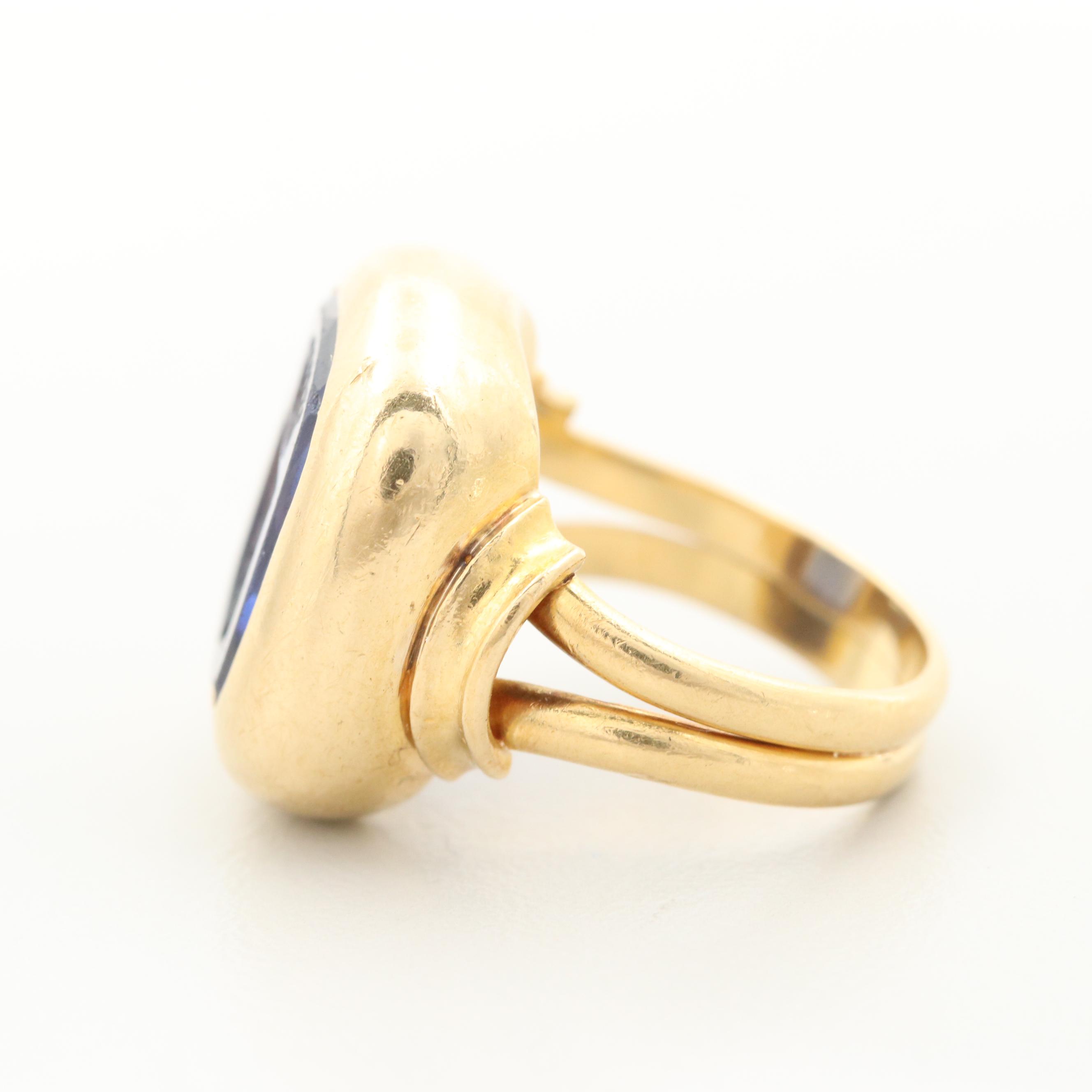18K Yellow Gold Synthetic Sapphire Intaglio Ring