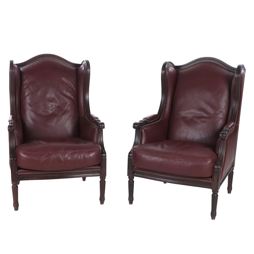 Louis XVI Inspired Synthetic Leather Wing Back Chairs, Contemporary