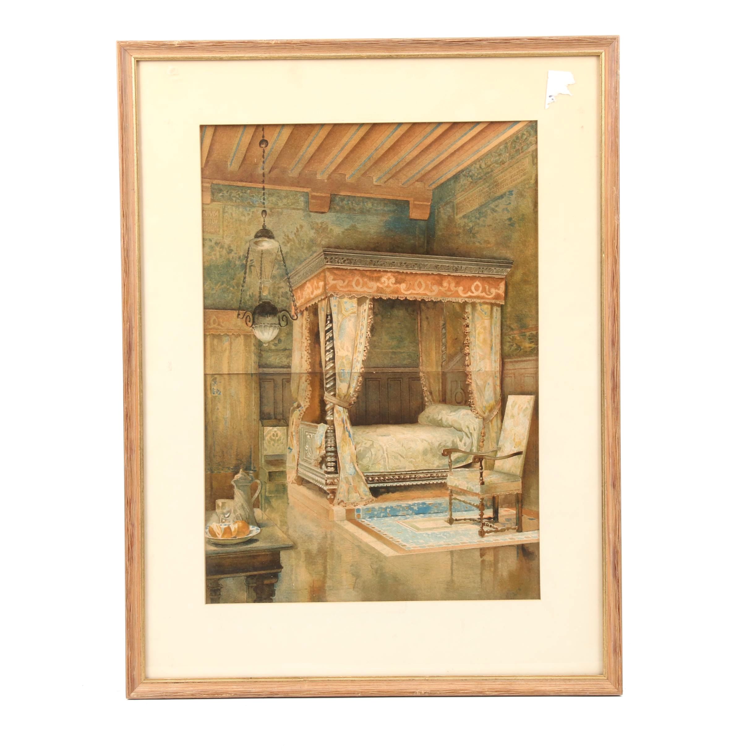 Mixed Media Lithograph "Chambre a Coucher Louis XIII"