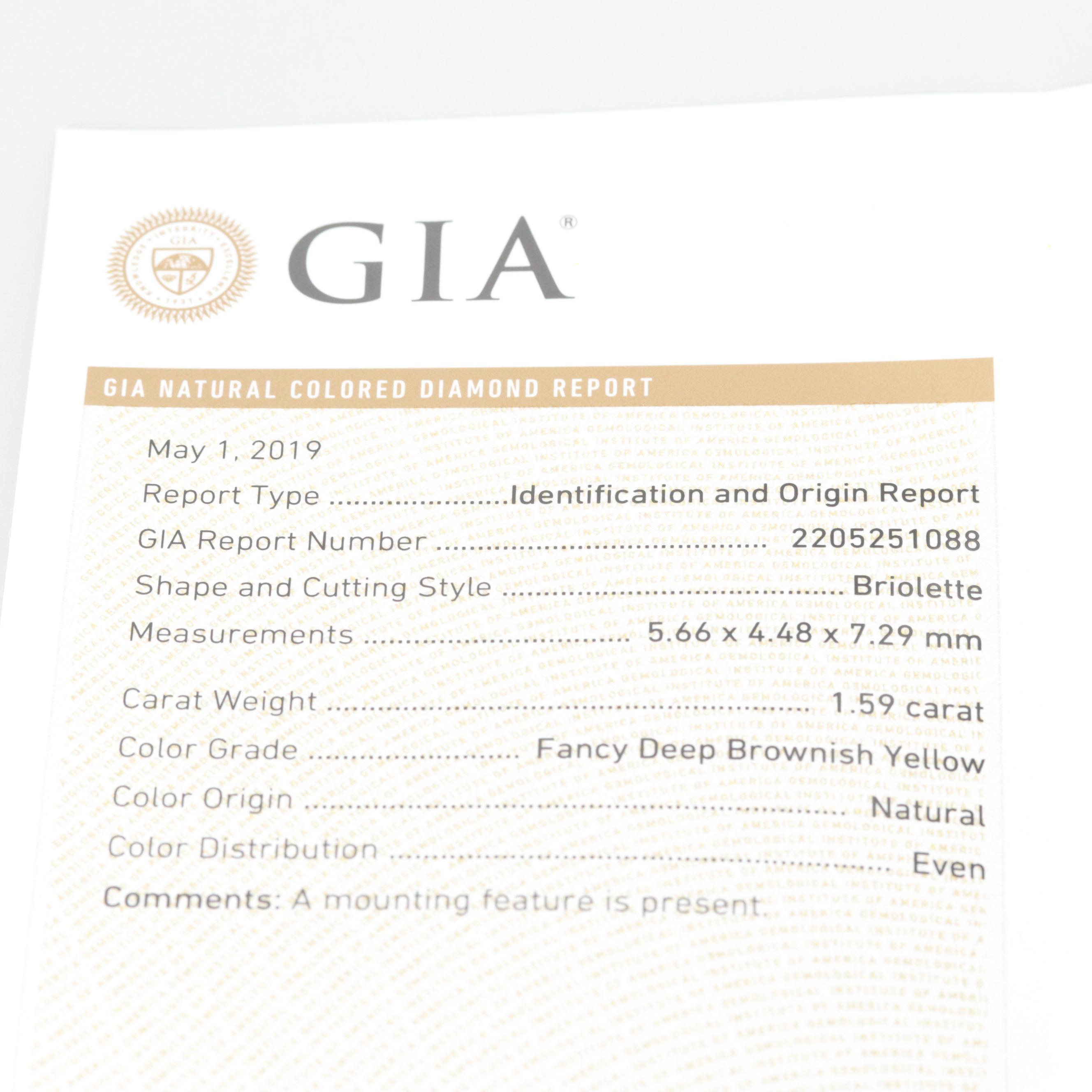 14K Gold 1.59 CT Fancy Deep Brownish Yellow Diamond Necklace with GIA Report