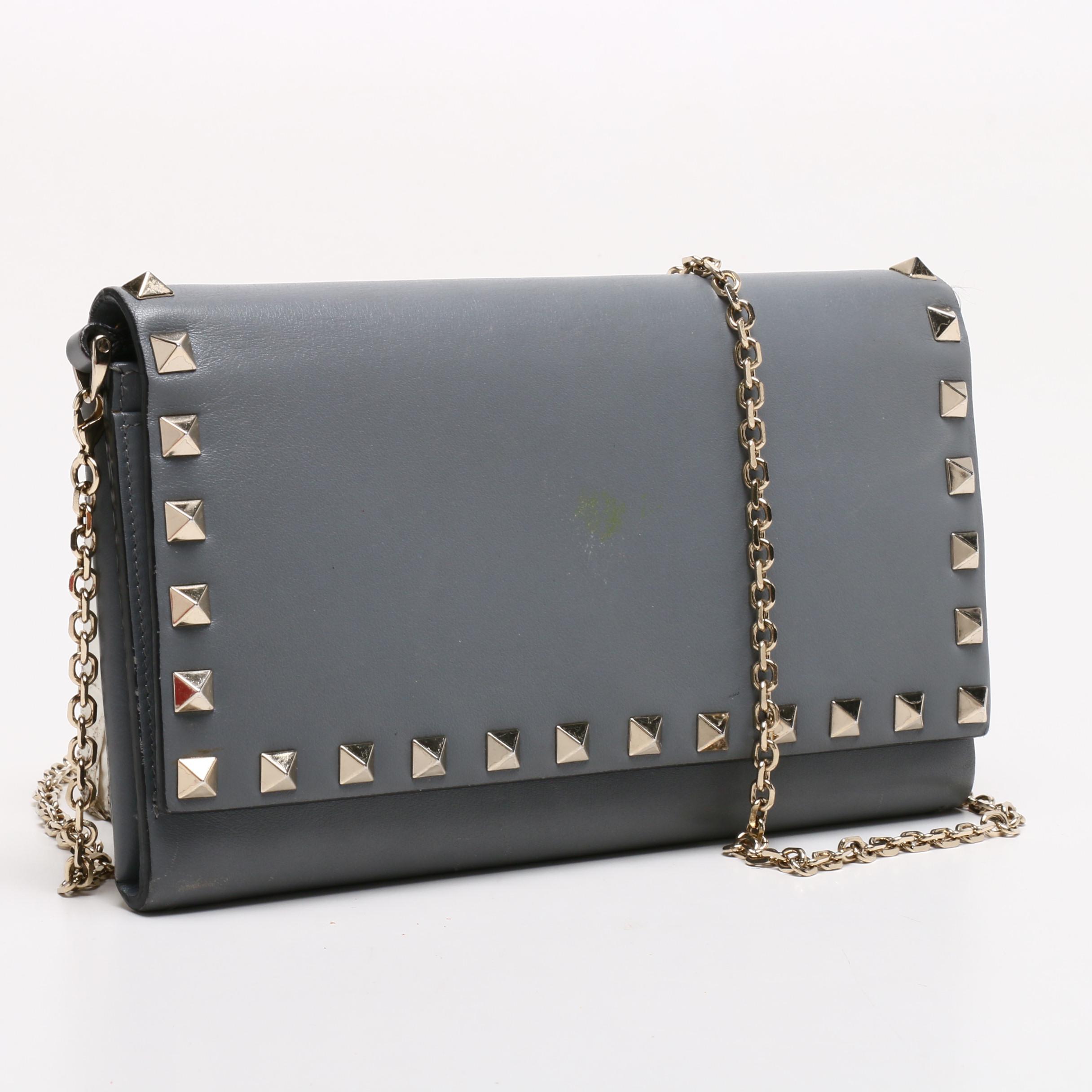 Valentino Garavani Gray Leather Rockstud Wallet on Chain Strap and Flower Belt
