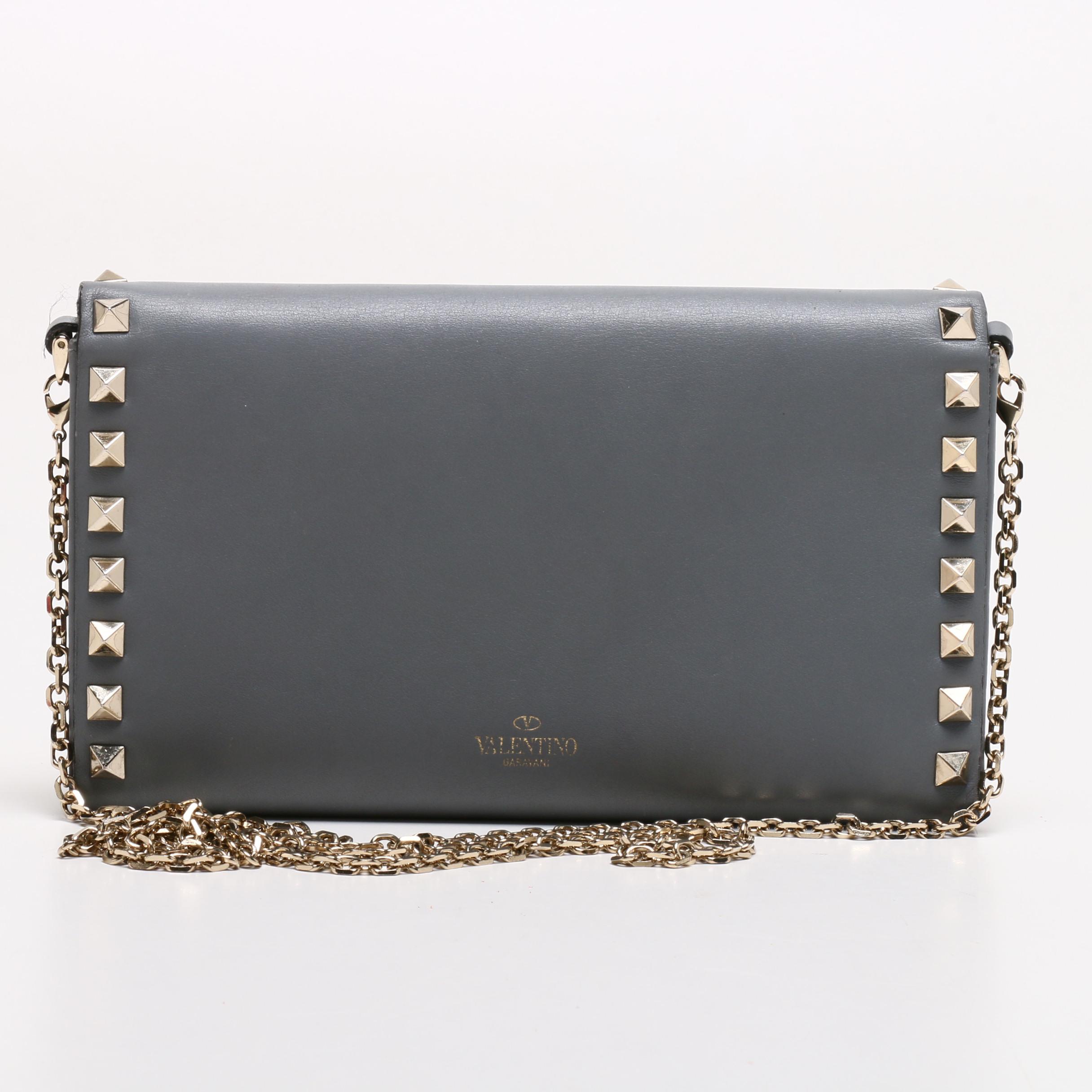 Valentino Garavani Gray Leather Rockstud Wallet on Chain Strap and Flower Belt