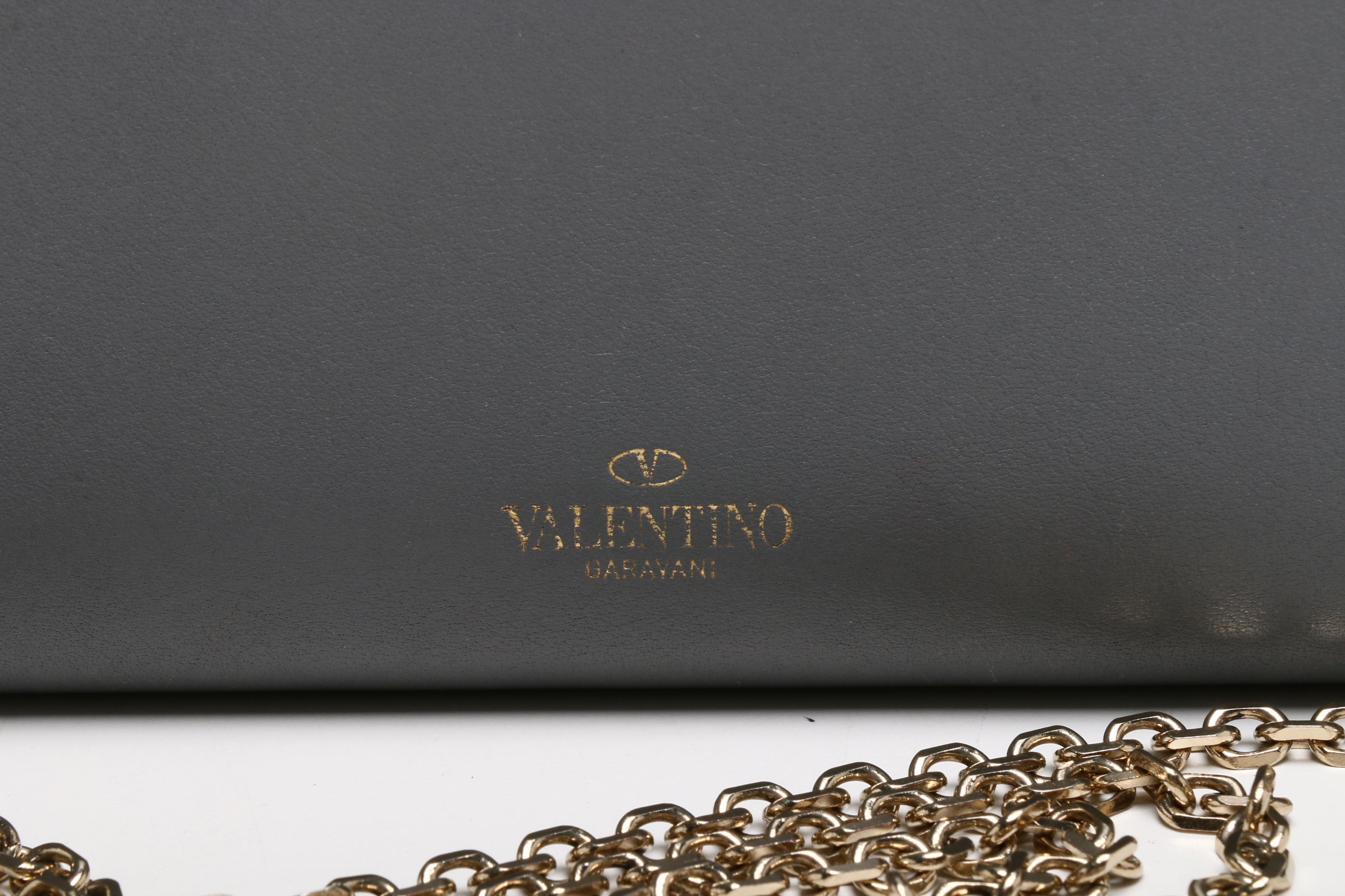 Valentino Garavani Gray Leather Rockstud Wallet on Chain Strap and Flower Belt