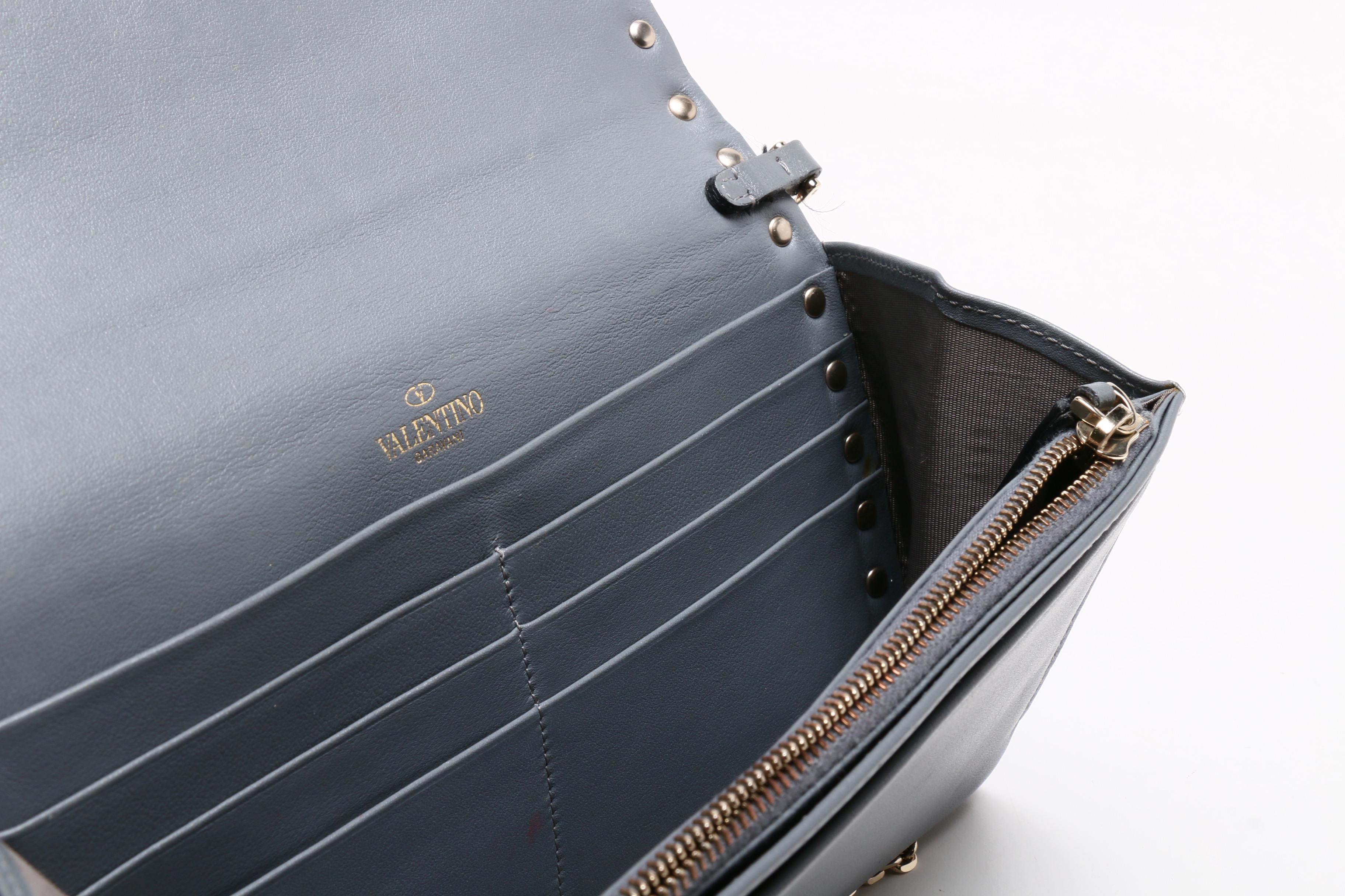 Valentino Garavani Gray Leather Rockstud Wallet on Chain Strap and Flower Belt