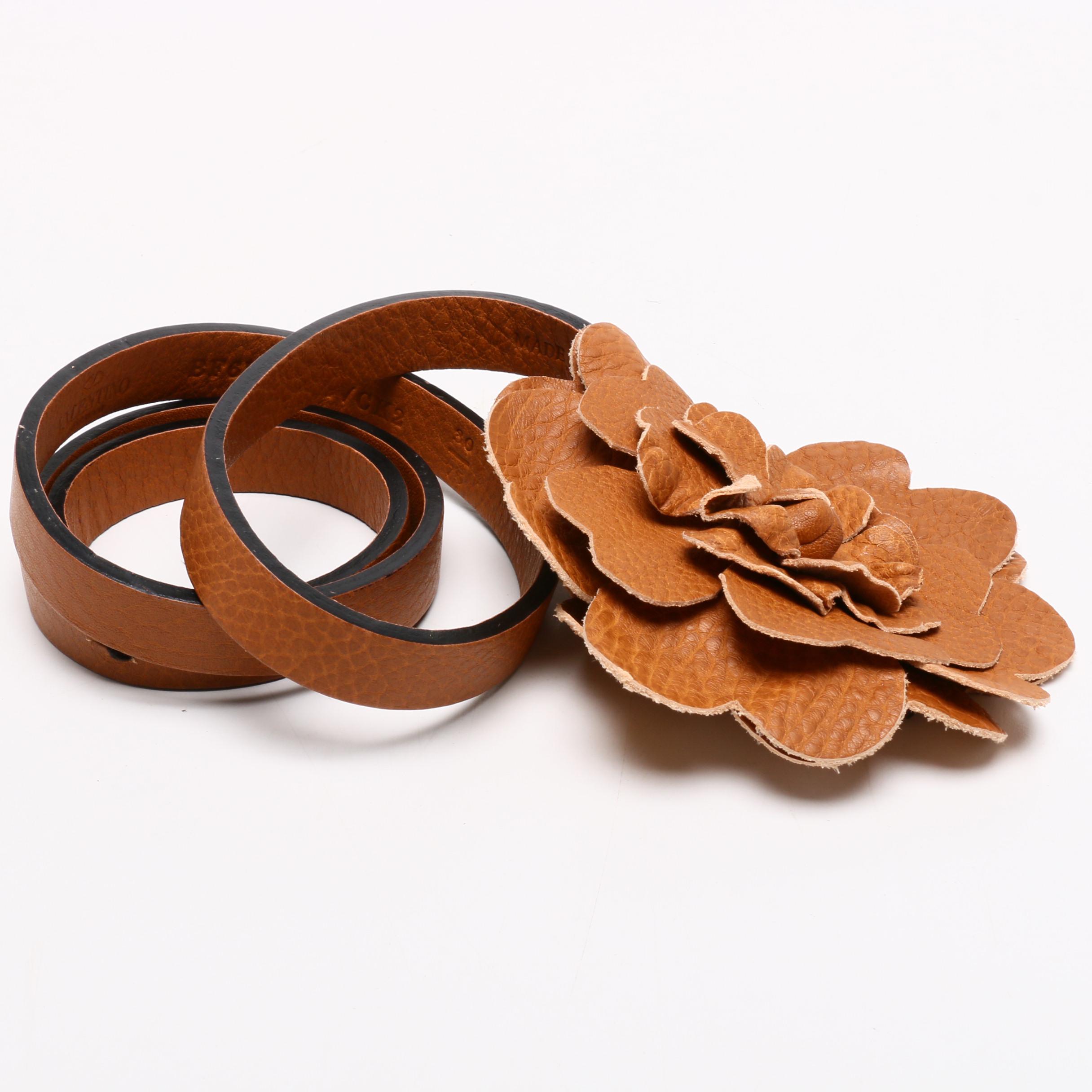 Valentino Garavani Gray Leather Rockstud Wallet on Chain Strap and Flower Belt