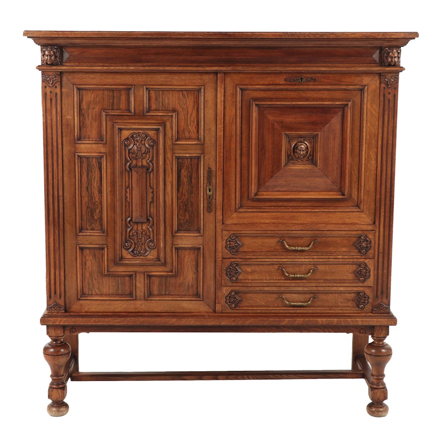 Jacobean Revival Carved Oak Secretary and Cabinet, 20th Century