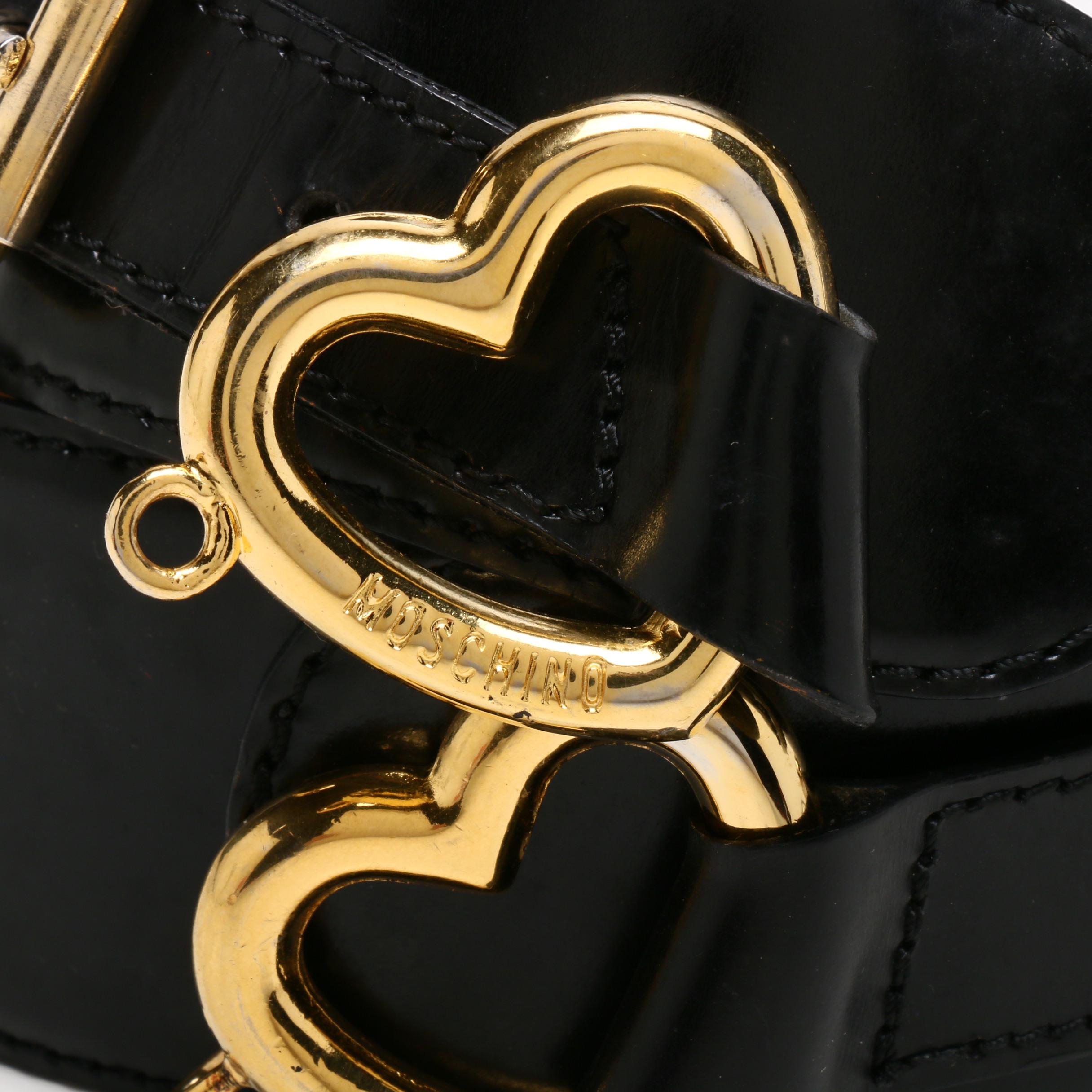 Moschino Black Leather Belt with Gold Tone Heart Buckle