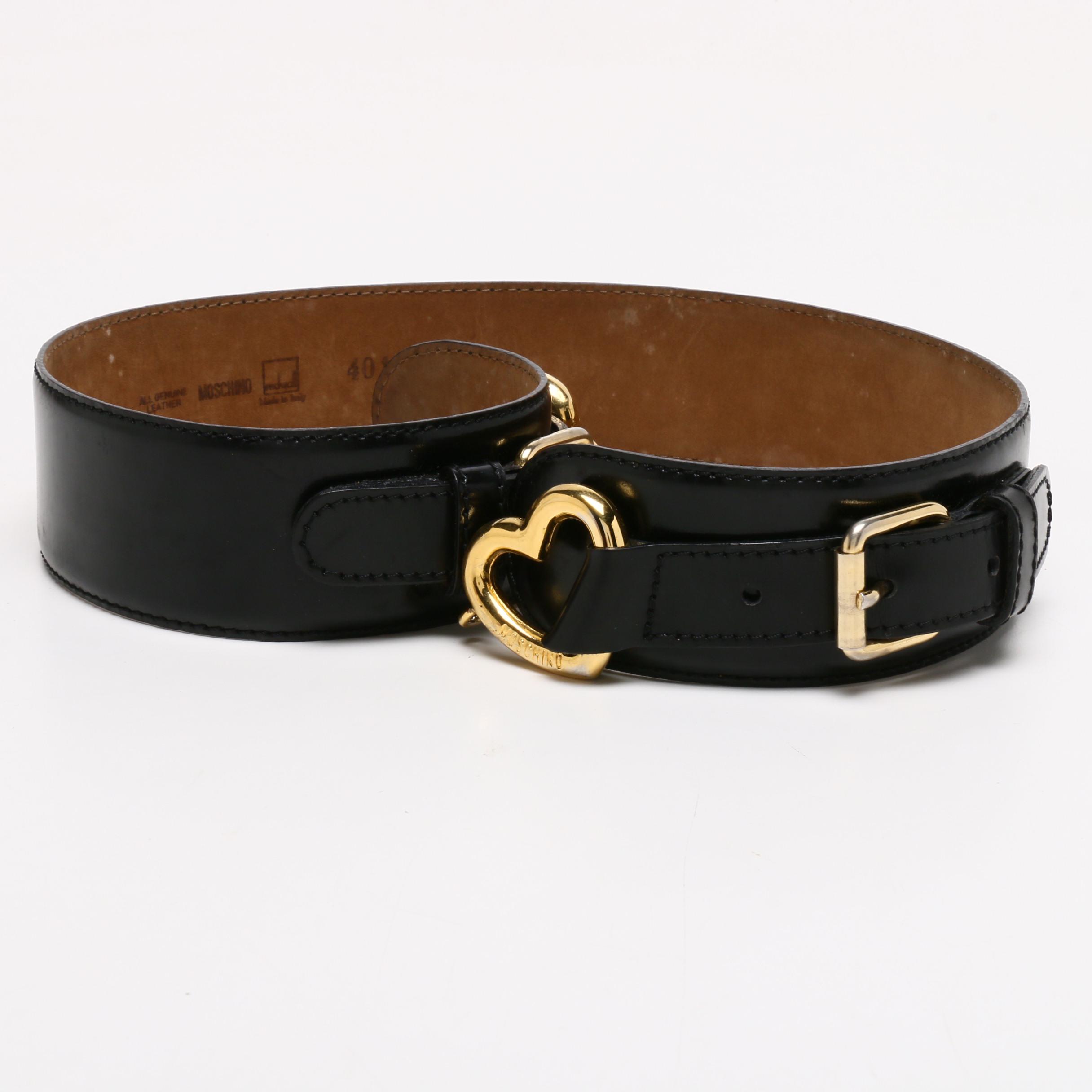 Moschino Black Leather Belt with Gold Tone Heart Buckle