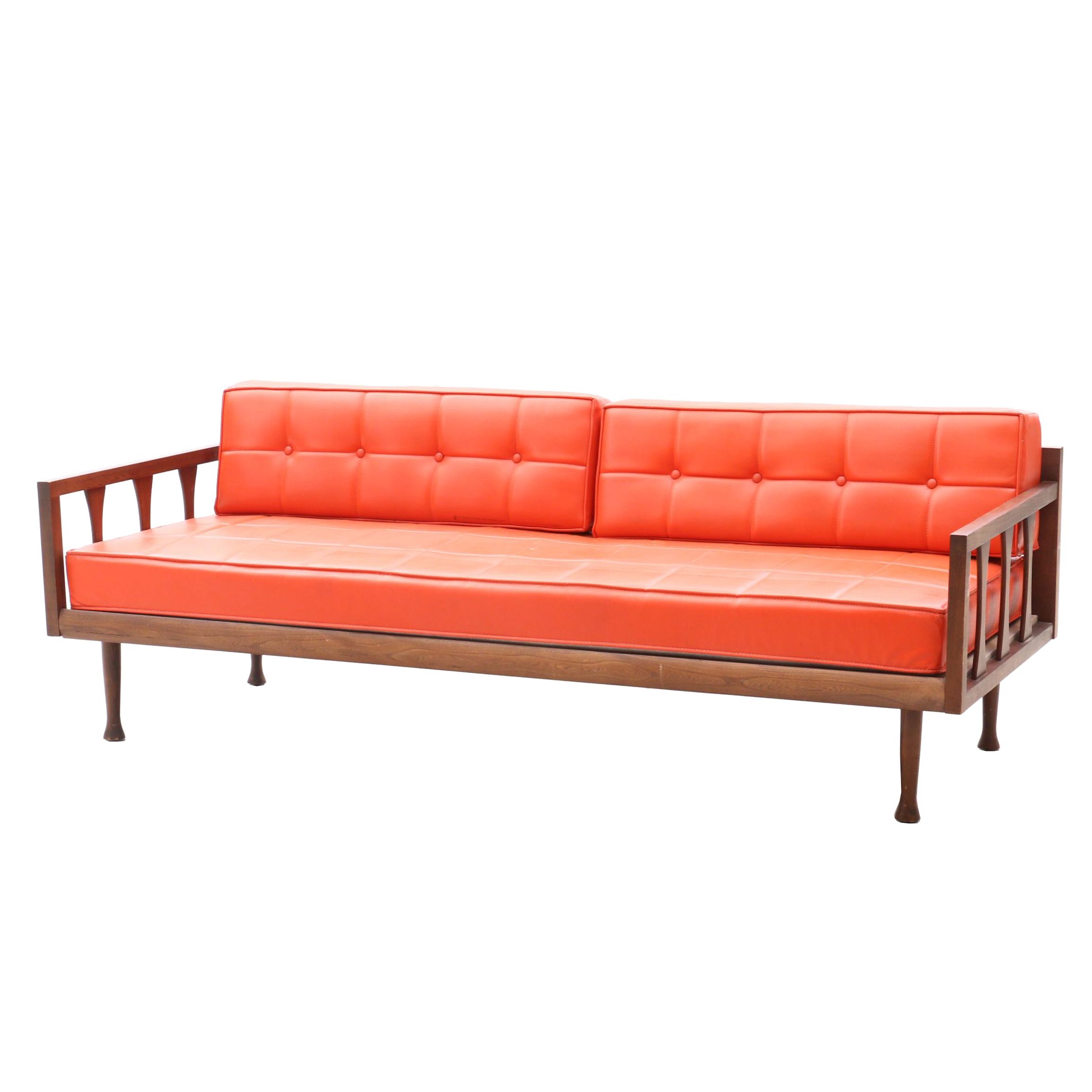 Mid Century Modern Burton Dixie Walnut Frame Faux Leather Sofa