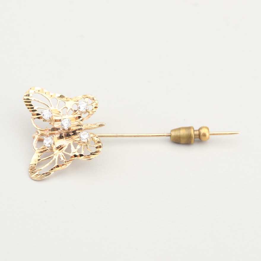 Vintage 14K Yellow Gold Cubic Zirconia Butterfly Pin