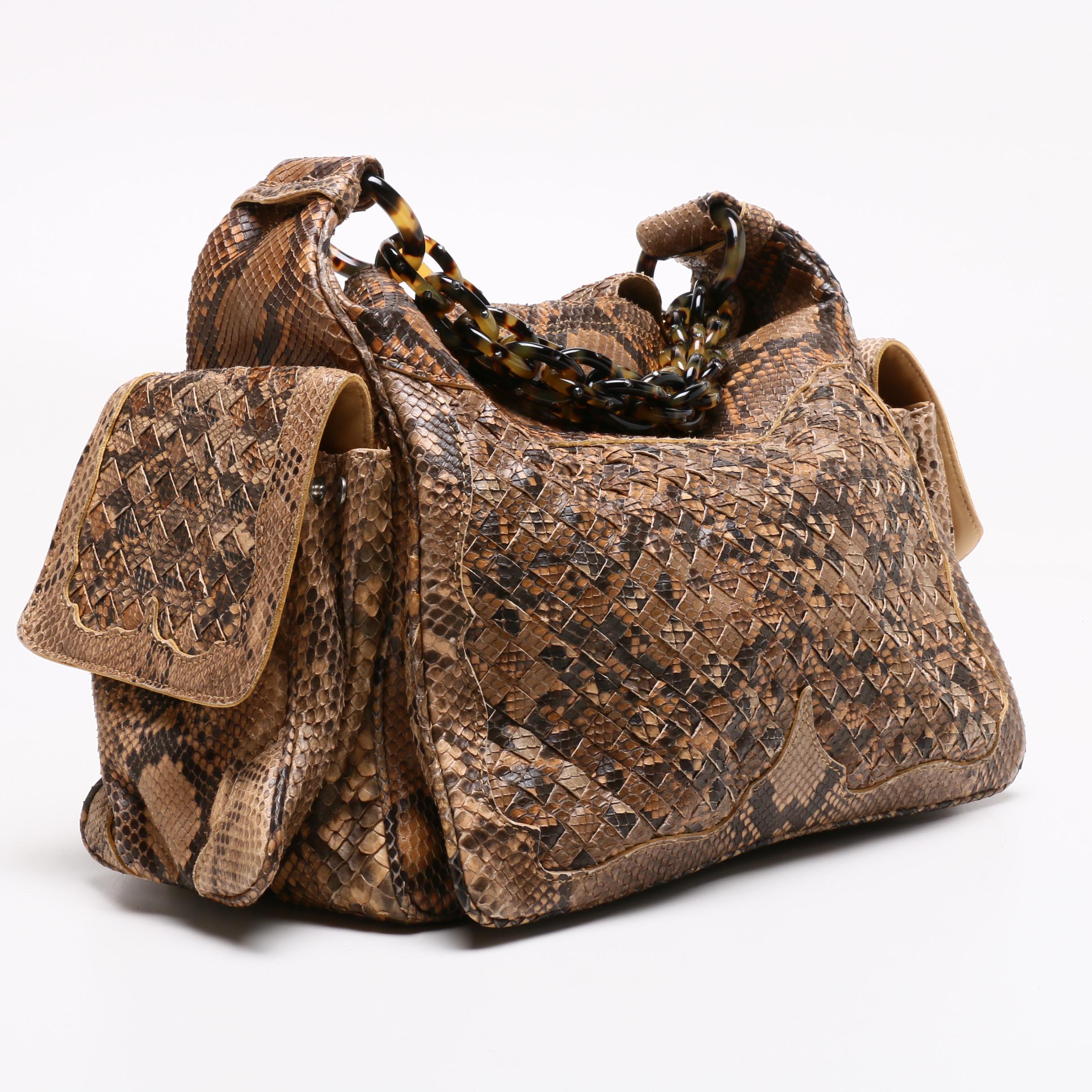 Bottega Veneta Intrecciato Python Skin Bag with Tortoiseshell Style Chain Strap