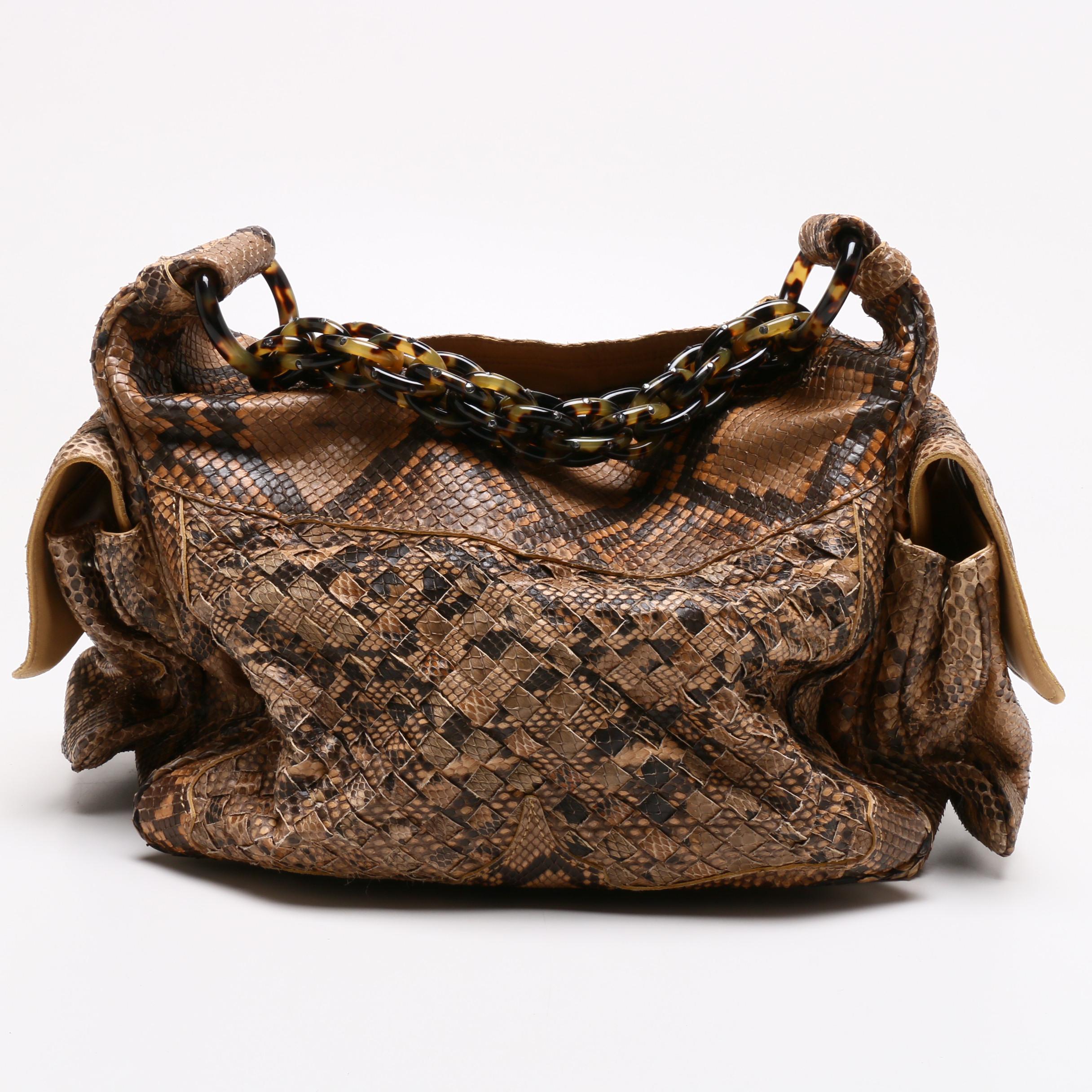 Bottega Veneta Intrecciato Python Skin Bag with Tortoiseshell Style Chain Strap